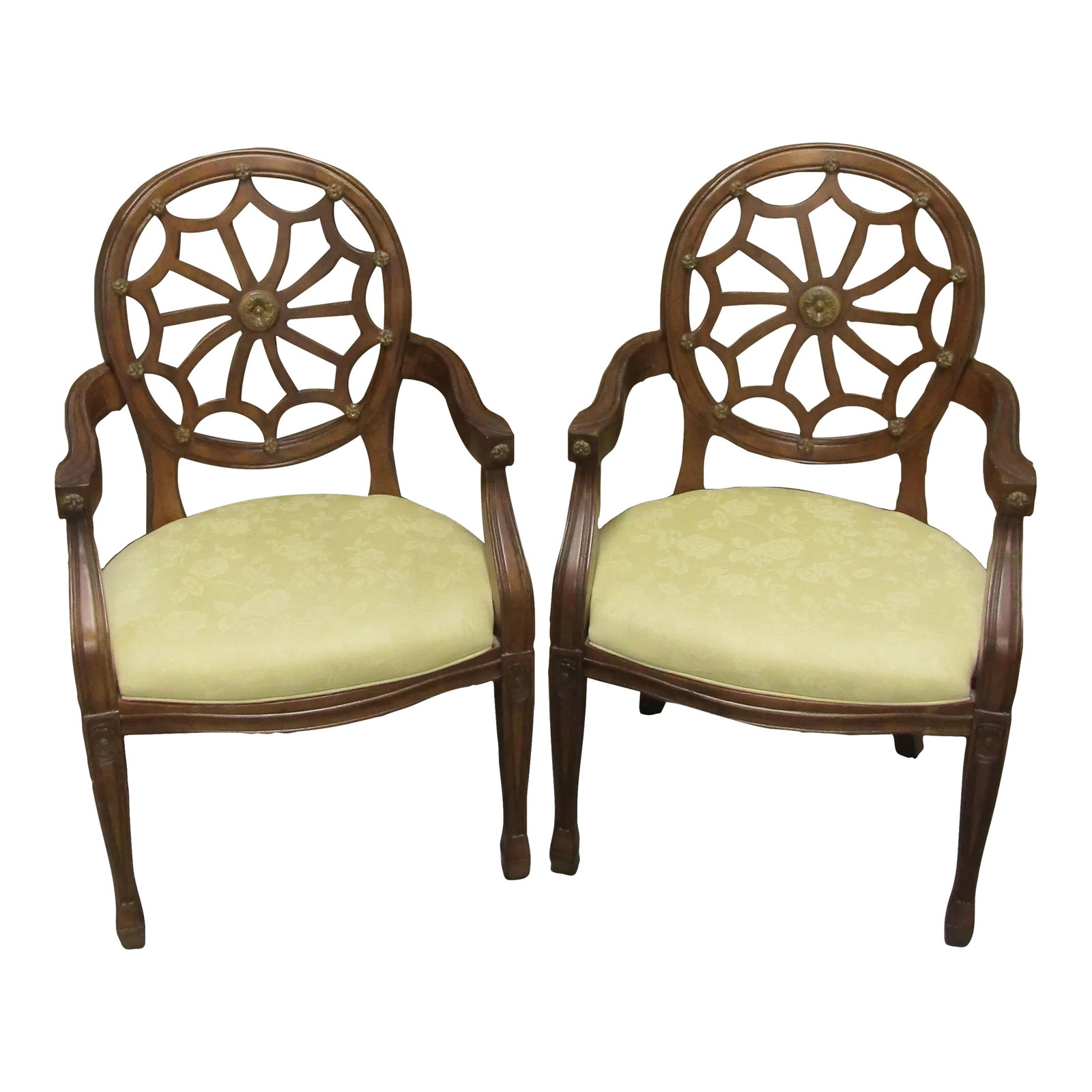 Pair of Georgian Style Carved Mahogany Wheelback Arm Chairs With Floral Damask Seats: Pair of Georgian Style Carved Mahogany Wheelback Arm Chairs With Floral Damask Seats Purchased from a Boca Raton Florida high-end estate sale. Each measures 23 1/4" wide, 25" deep and 38" tall. The