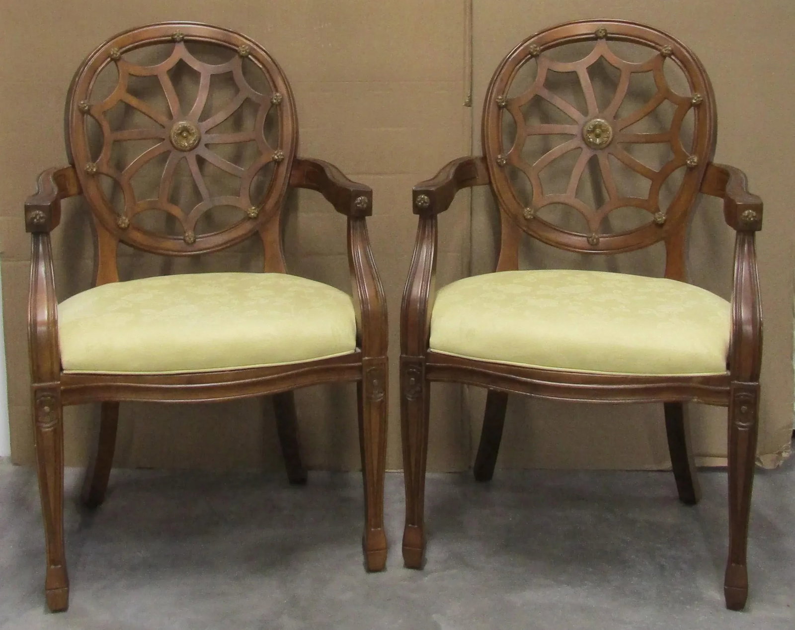 Pair of Georgian Style Carved Mahogany Wheelback Arm Chairs With Floral Damask Seats - 2