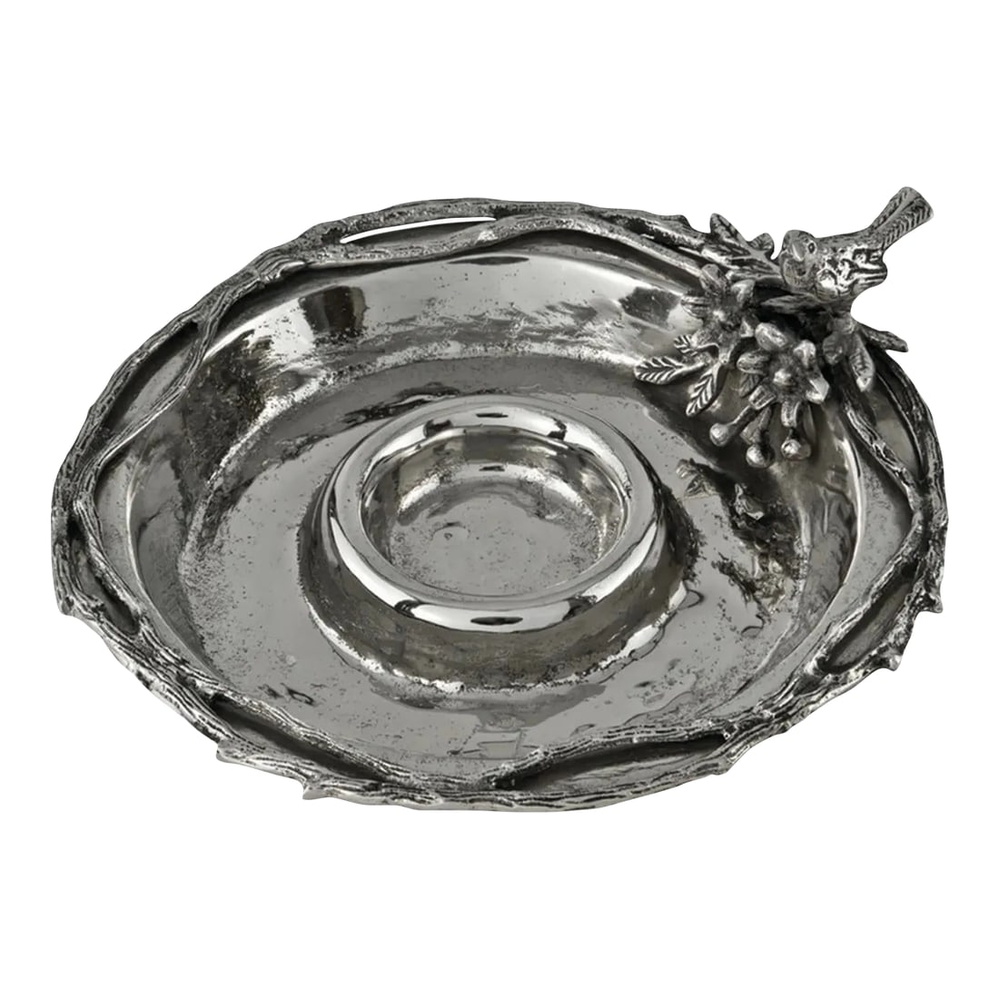 Bird & Branch Chip & Dip Server: Beautiful chip and dip server featuring a branch around the rim and a sweet little bird sitting atop. Made of cast metal. Condition: Alterations: Original Condition Unaltered Imperfections: Some
