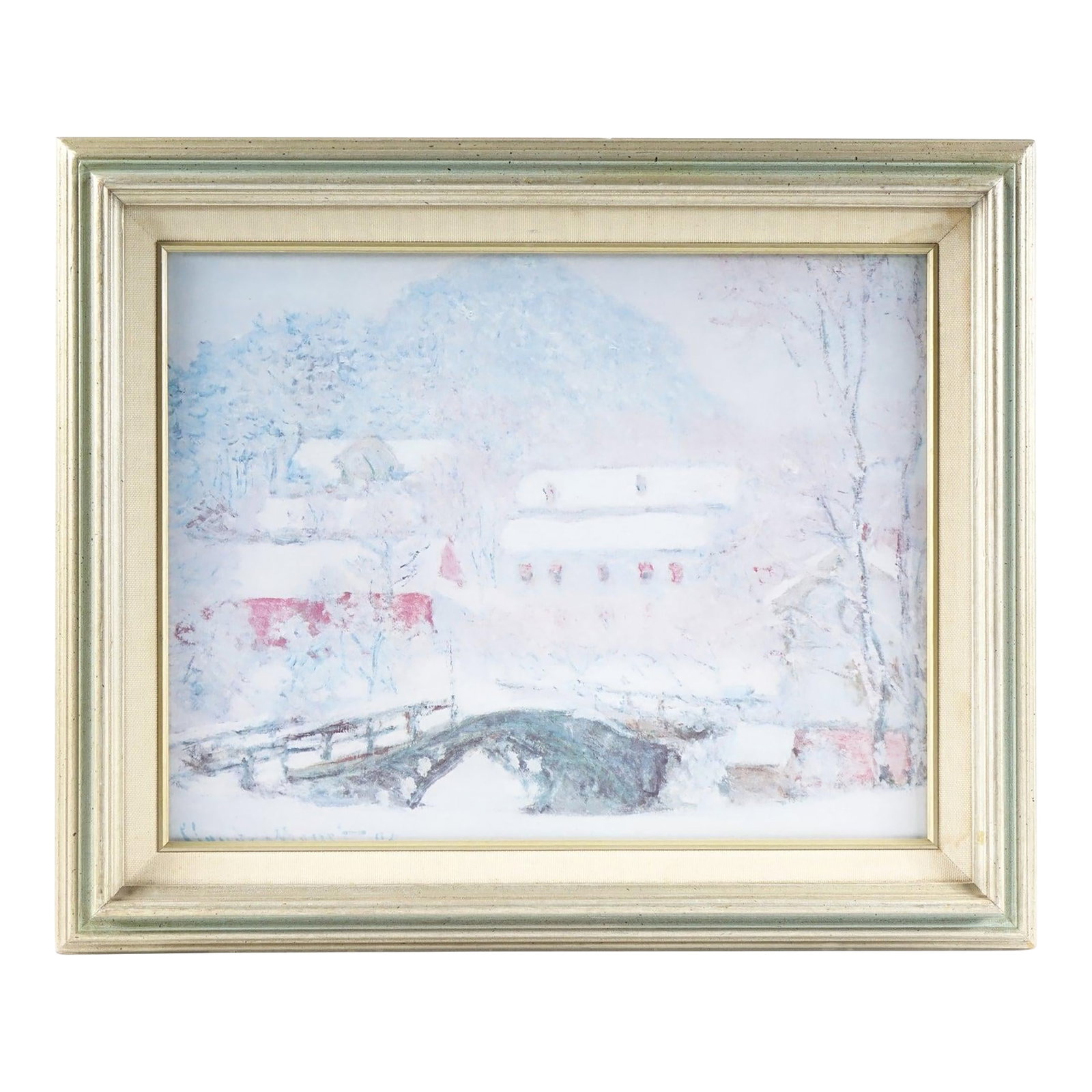 "Sandviken Village in the Snow" - Mid 20th Century Claude Monet Print of Original Oil Painting Signe: This elegant framed print is a reproduction of an original oil painting attributed to the style and sensibility of Claude Monet. Capturing a delicate snowscape through the impressionist lens, the