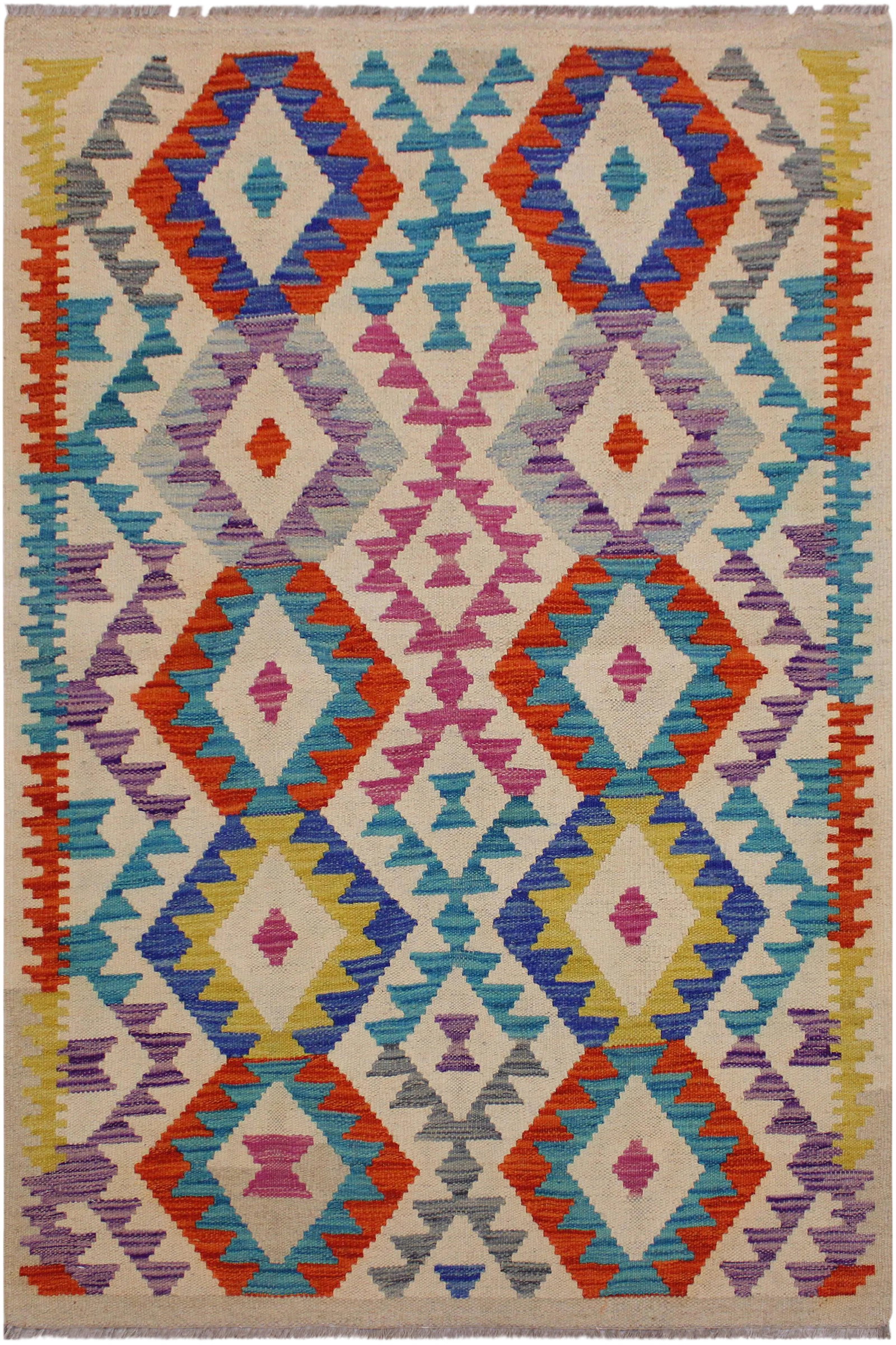Tribal Kilim Ivory/Blue Hand-Woven Wool Rug - 3'2 X 4'9: "Add a touch of elegance to your home with this casual chic hand woven Tribal Kilim wool rug. Constructed on a loom by Nomad Turkman people with hand spun wool and 100% Natural Vegetable dyes these