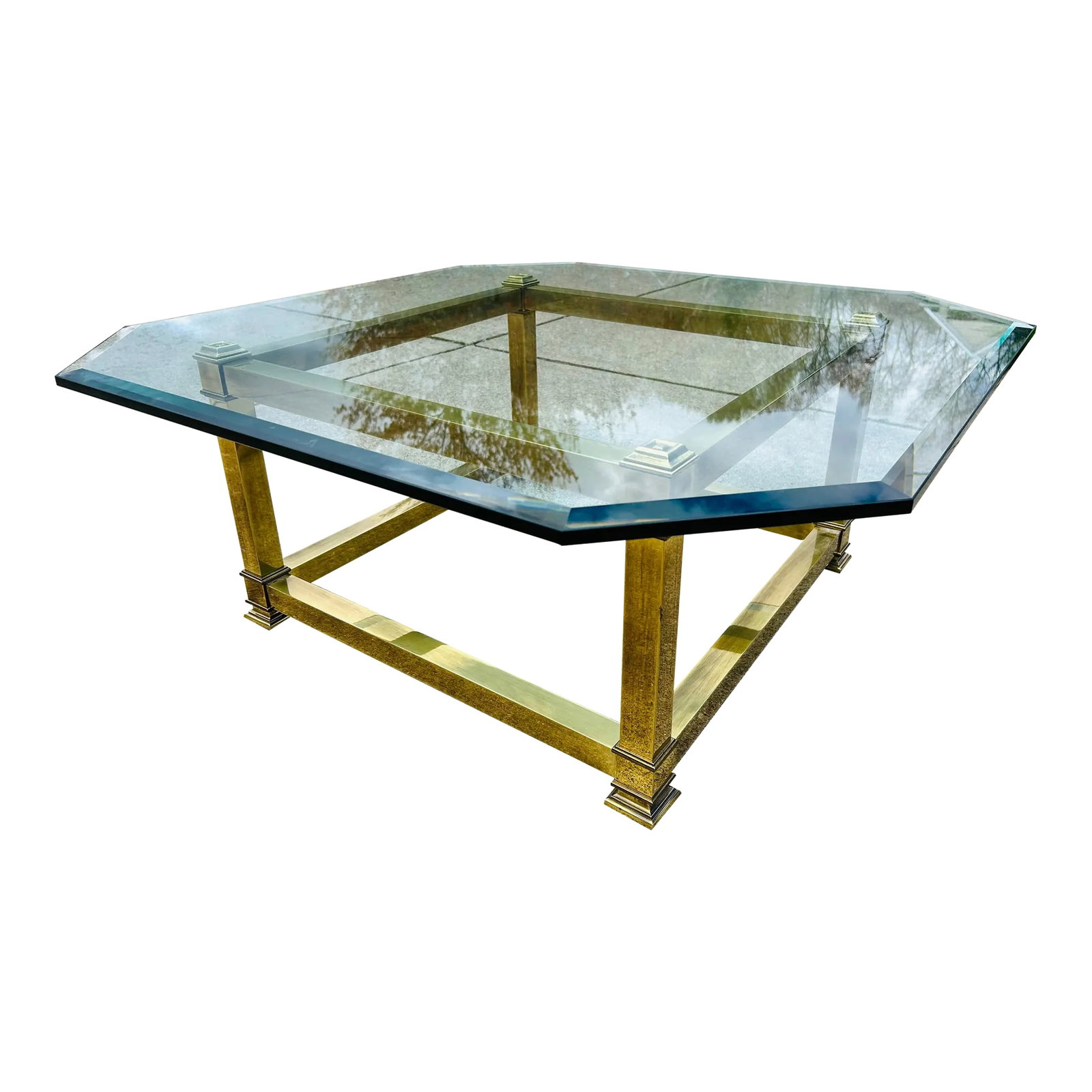 Mastercraft Attributed Mid-Century Modern Brass & Beveled Glass Coffee Table | Vintage Hollywood Reg (1 of 8)