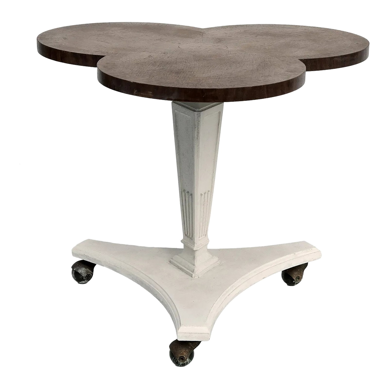 Vintage Clover Shaped Rolling Side Table: An Unusual Vintage Clover Shaped Rolling Side Table, Circa 1920's. Made of Wood. Painted Base in Creamy White. Original Vintage Wheels. Condition: Alterations: Original Condition Unaltered