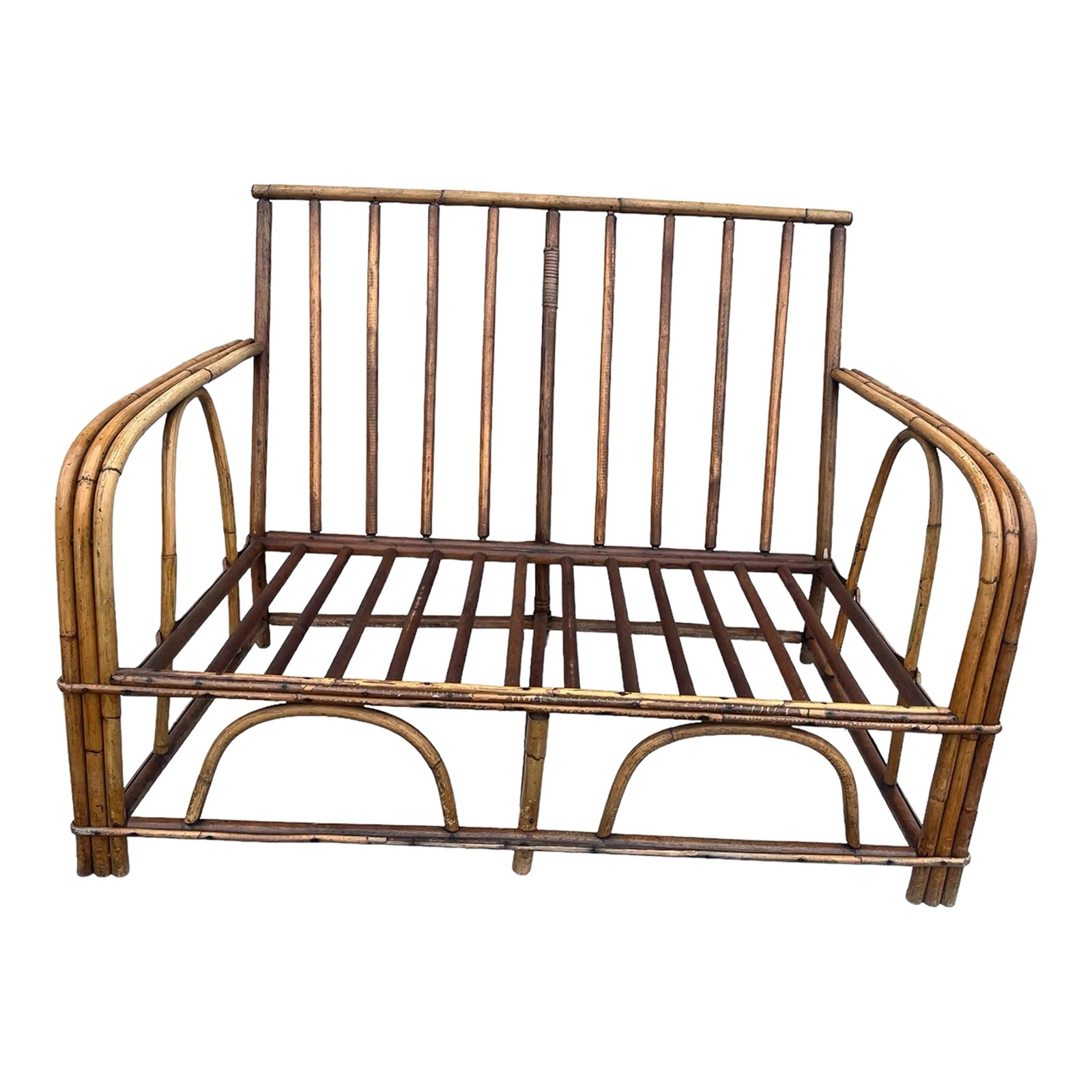 Vintage 1960's Bamboo Settee/ Loveseat: Vintage 1960's Hand crafted Bamboo Settee / Love seat designed of bent bamboo. Condition: Alterations: Original Condition Unaltered Imperfections: Some Imperfections Condition Notes: Vintage/ Antique/