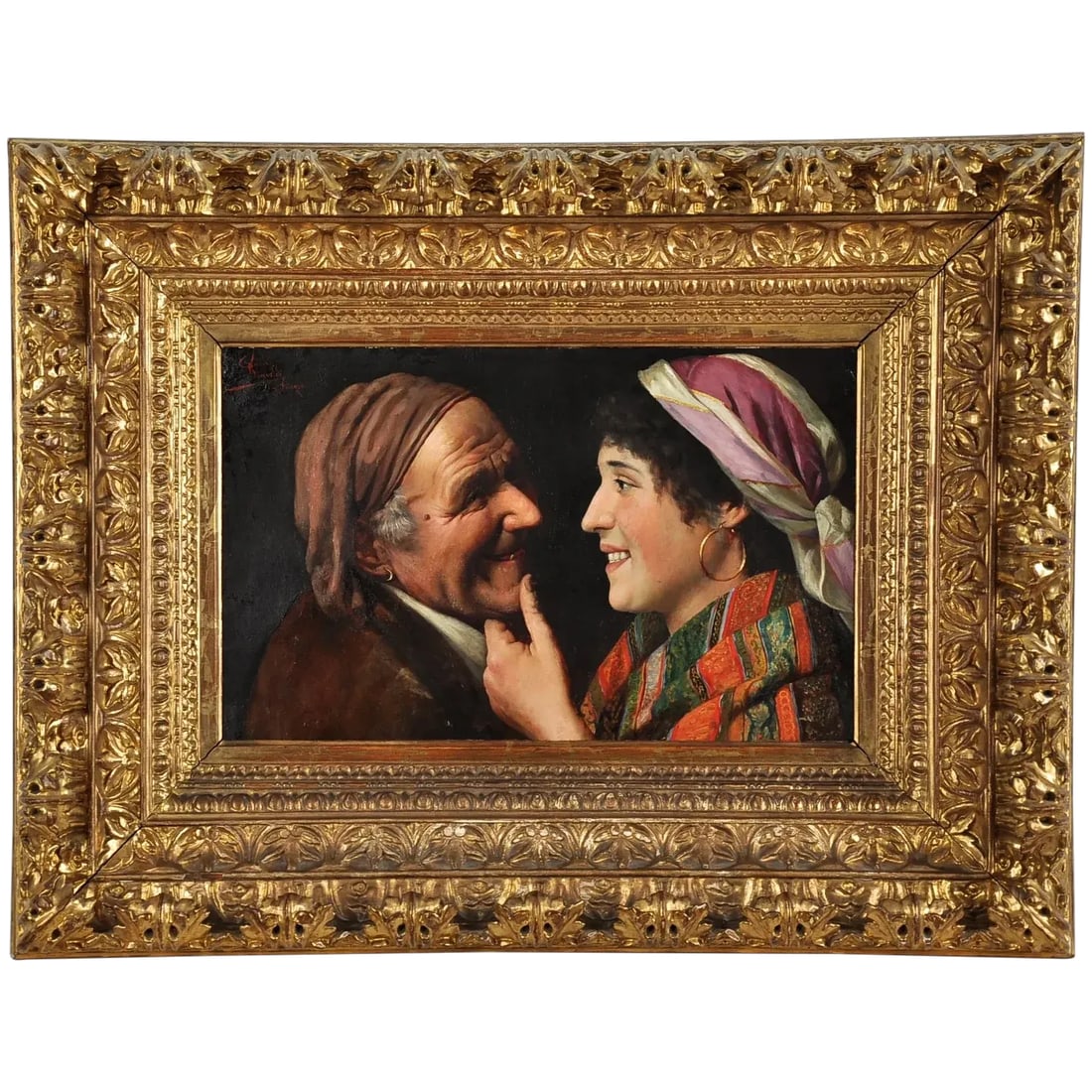 Late 19th Century Claudio Rinaldi Flirtation Oil on Canvas: Claudio Rinaldi (Italian, fl. 1860-1900)Flirtation. Oil on canvas, signed and inscribed "Firenze" at the upper left corner, the canvas size . 13 1/2" x 21 1/2", framed in an ornately decorative frame