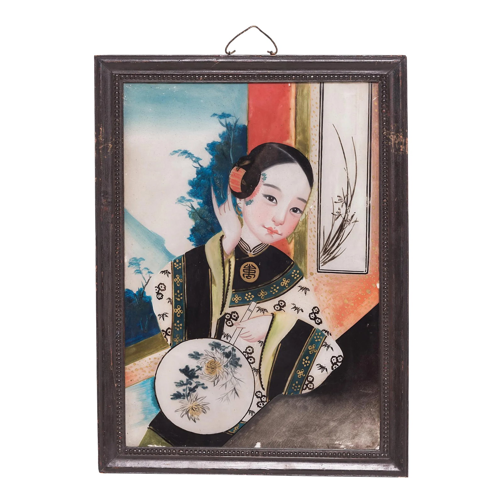 Chinese Reverse Glass Portrait Painting, C. 1900: With exquisite detail and sparkling color, this portrait of of a young woman is a remarkable example of reverse glass painting. Lending the finished work a subtle three-dimensional effect, painting