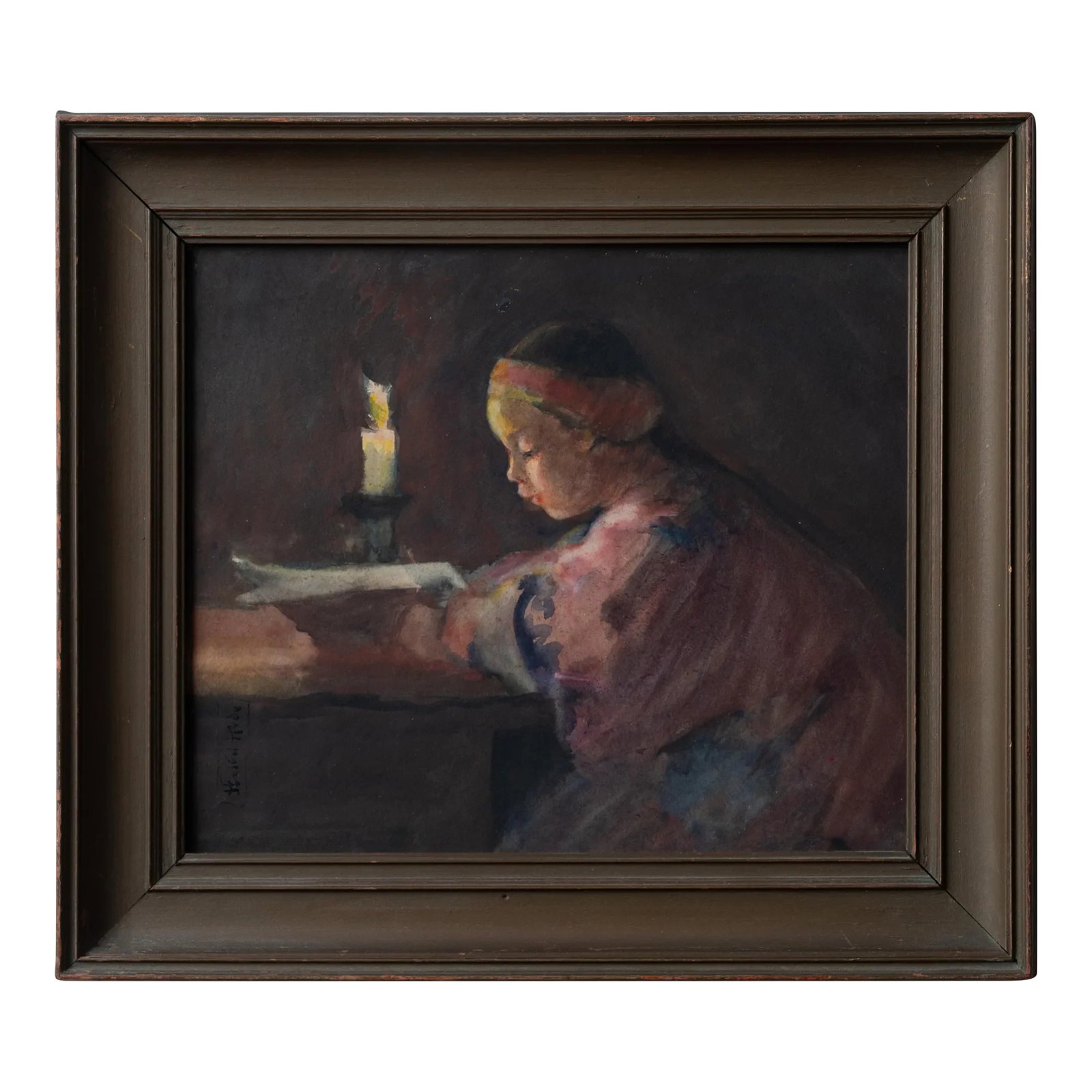 Helen Hyde - Girl Reading by Candlelight, Japanisme Watercolor, C.1900: Helen Hyde (American, 1868-1919) Watercolor on paper depicting a girl reading by candlelight, circa 1900. sight: 8 1/2 by 7 1/4 inches frame: 11 3/4 by 10 1/2 inches Condition: Alterations: Original