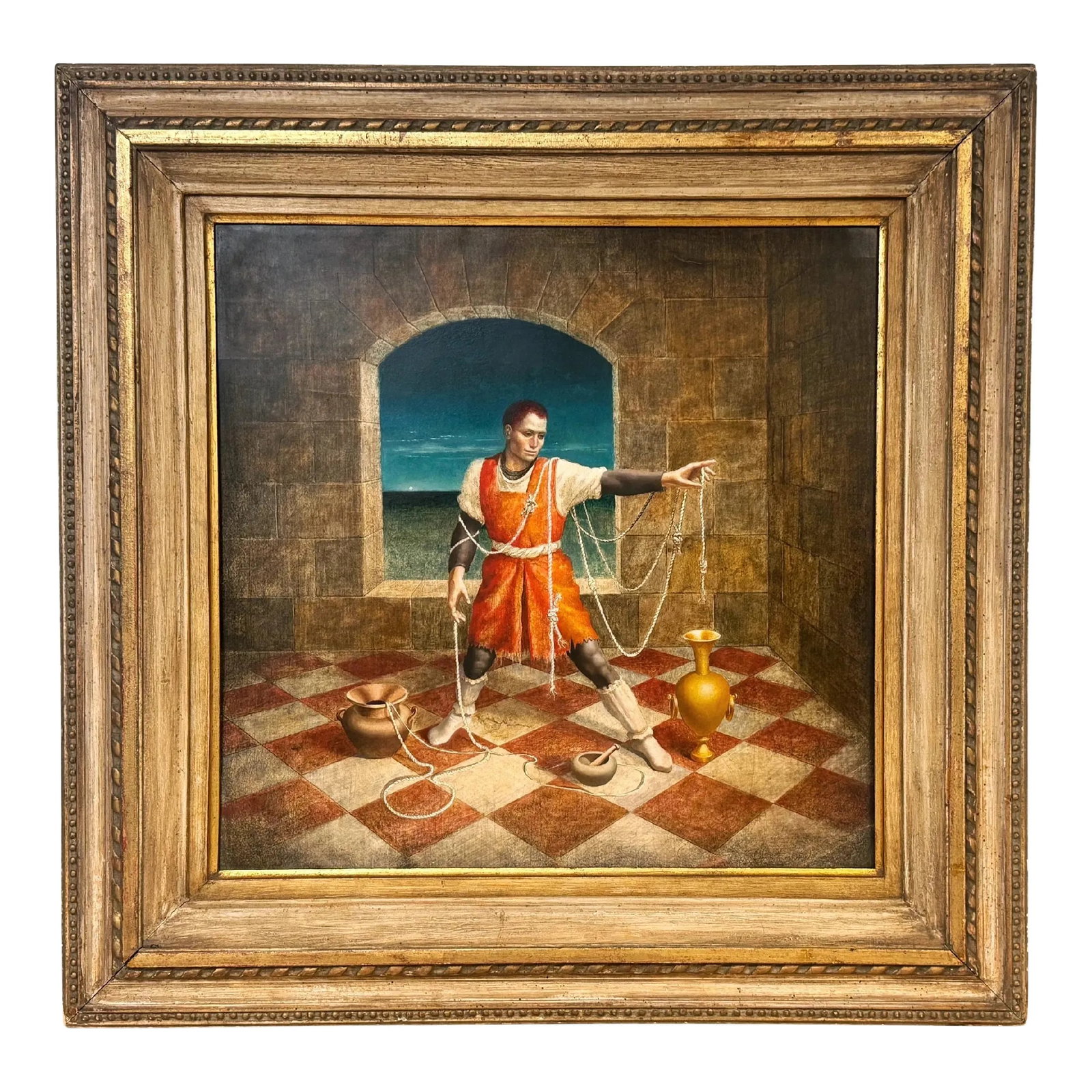 Game of Thrones' Style Surrealist Interior Portrait by Bruce Winston Hafley: Game of Thrones' Style Surrealist Interior Portrait by Bruce Hafley USA, 1990s This captivating oil on board painting by Bruce Hafley, created in the 1990s, showcases his modern surrealist style, now