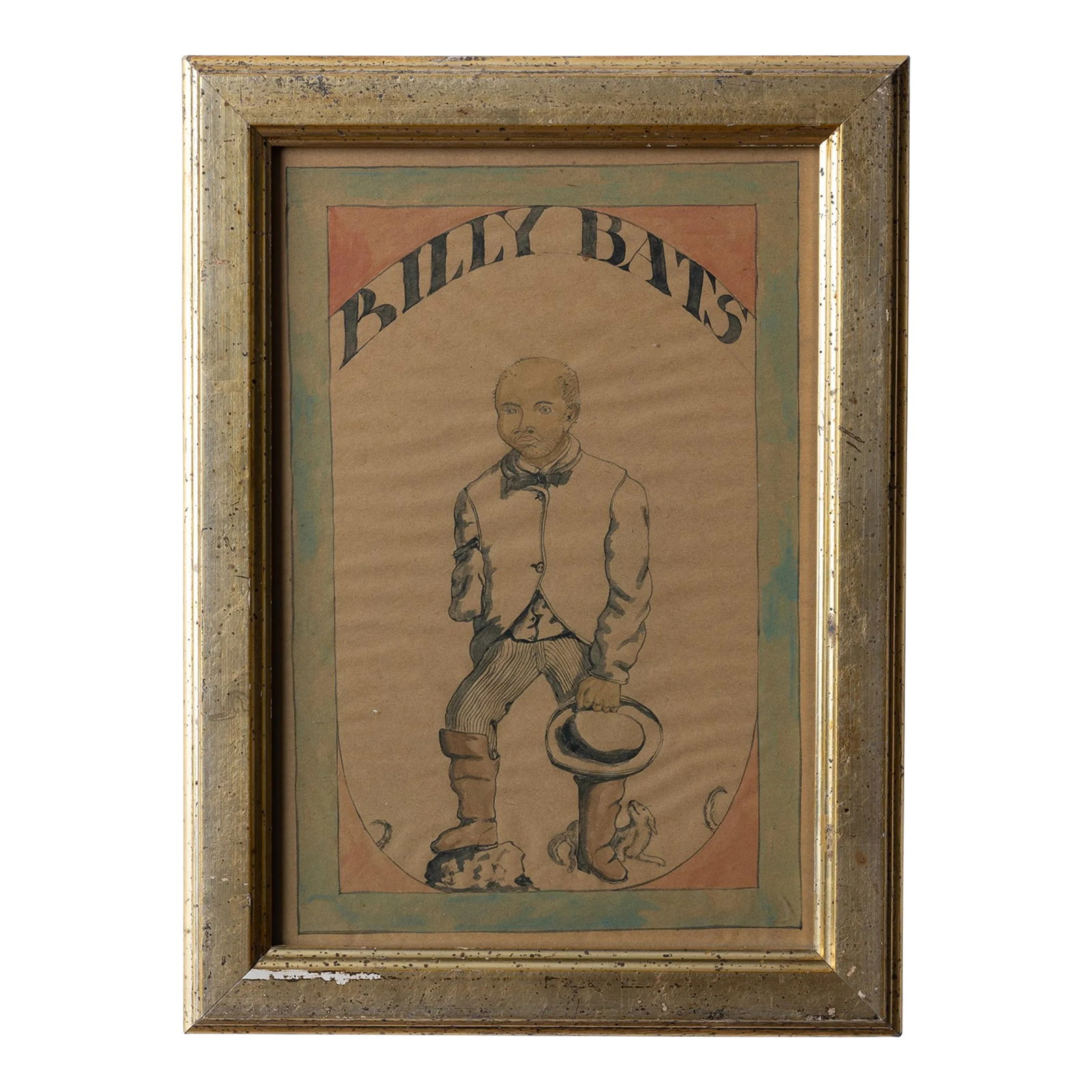 Lunatic Billy Bats Outsider Art Drawing, 1872: An unknown outsider artist drawing of the lunatic Billy Bats of Troy, New York, 1872. Note from artist affixed to verso: "Billy Bats is a lunatic who spent years in the asylum and now lives with his