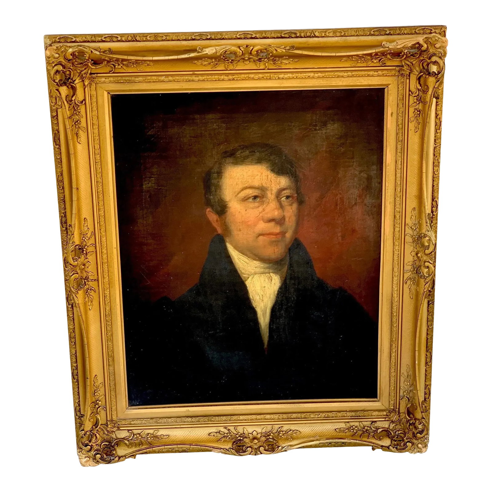 Handsome 19th C American Portrait of a Gentleman with a Scar: Handsome 19th C American portrait of a gentleman with a scar, A fine well proportioned portrait of a seated man with white shirt and black jacket. Complete with period carved giltwood frame.