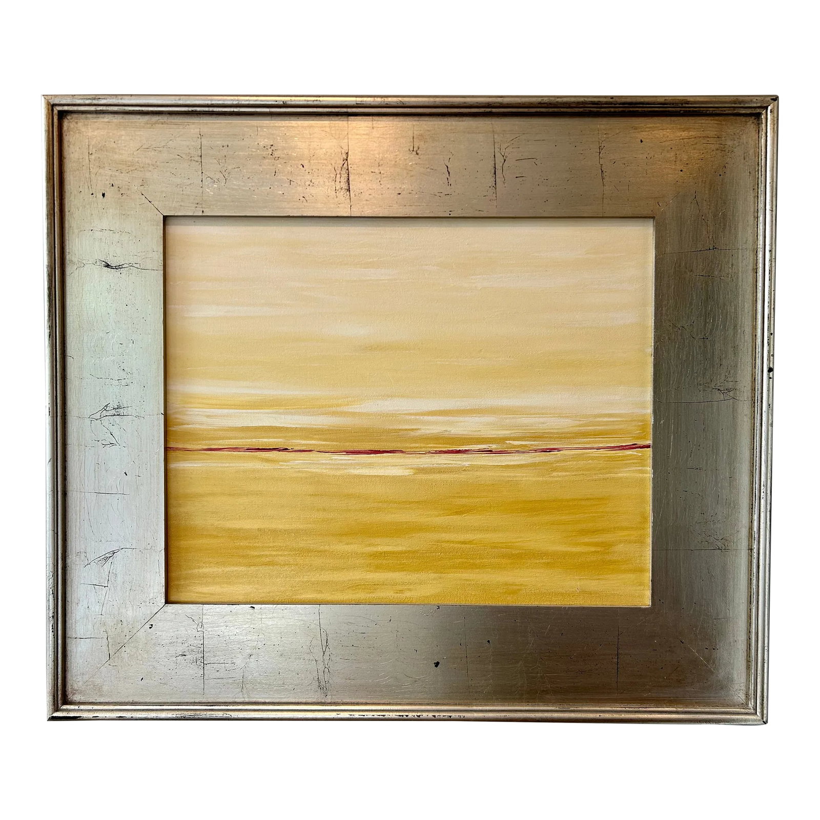 Original Landscape Oil Painting | Color Field With Red Horizon & Silver Wood Frame: Contemporary Abstract Landscape Oil Painting | Color Field Style with Red Horizon & Silver Frame Immerse yourself in the refined beauty of this contemporary oil on canvas painting, a striking fusion