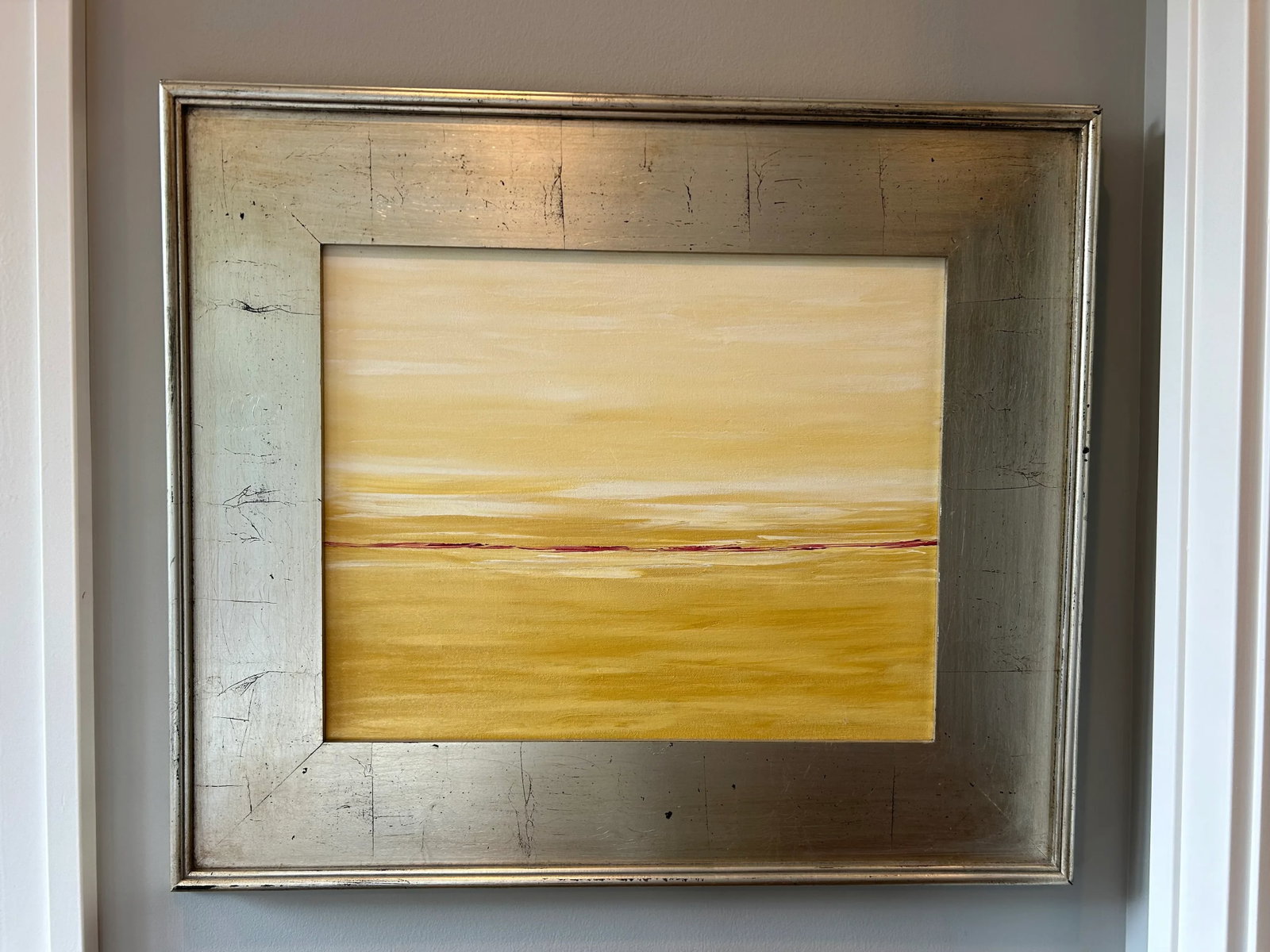 Original Landscape Oil Painting | Color Field With Red Horizon & Silver Wood Frame - 4