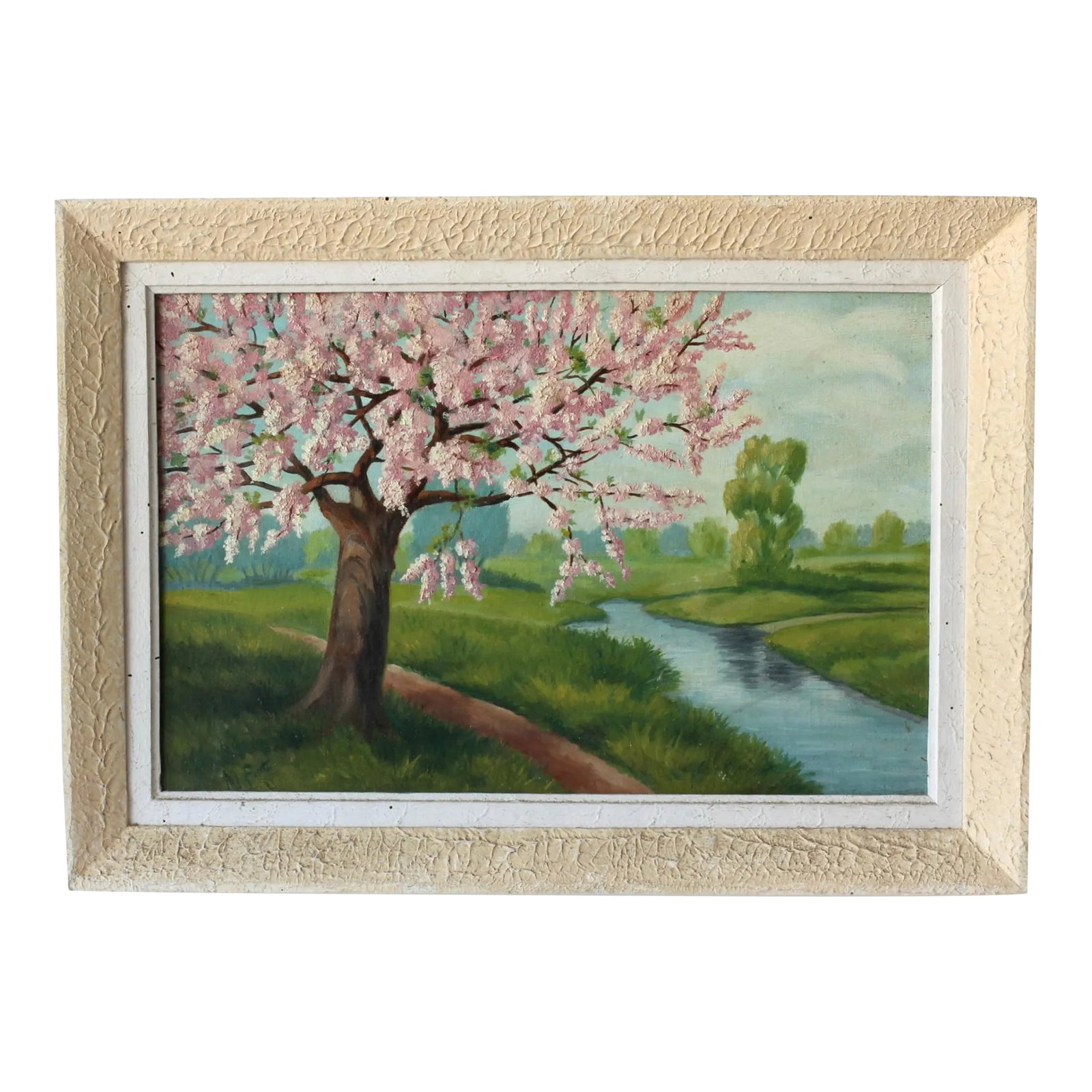 Midcentury French Cherry Blossom Landscape Painting: This vintage landscape painting features a serene scene of a blooming cherry blossom tree by a tranquil stream. The soft pastel tones and detailed brushwork bring this idyllic countryside setting to