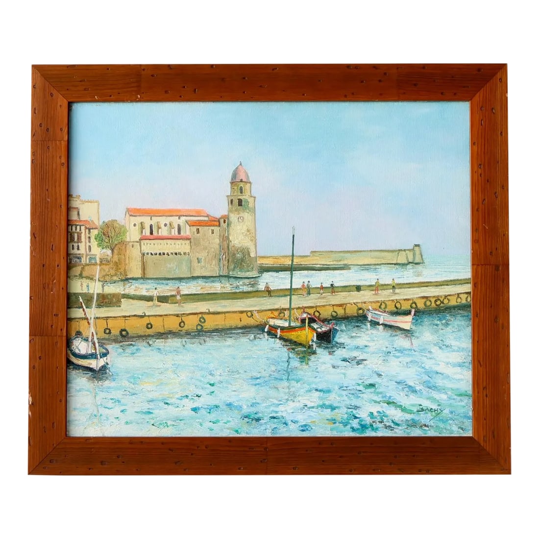Midcentury French Harbor Oil Painting: Midcentury oil on board painting beautifully capturing a serene French harbor with moored boats, sunlit promenade, and striking architecture, including a historic stone tower. The artist's soft palett