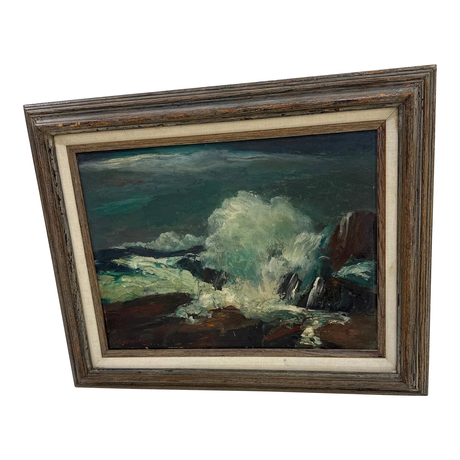1970s Vintage Seascape Oil Painting on Canvas ~ Framed & Signed: Beautiful vintage seascape painting, dark color way depict rough waters, great to add a pop of color into a bright room Condition: Alterations: Original Condition Unaltered Imperfections: Some Imperfe