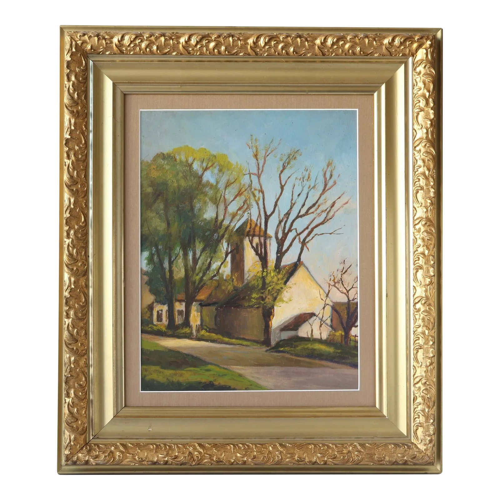 Framed French Landscape Oil Painting: Charming mid-20th-century French landscape oil on board painting depicting a peaceful countryside scene. Rendered in soft, muted tones with vibrant hints of green, this work evokes a serene rural