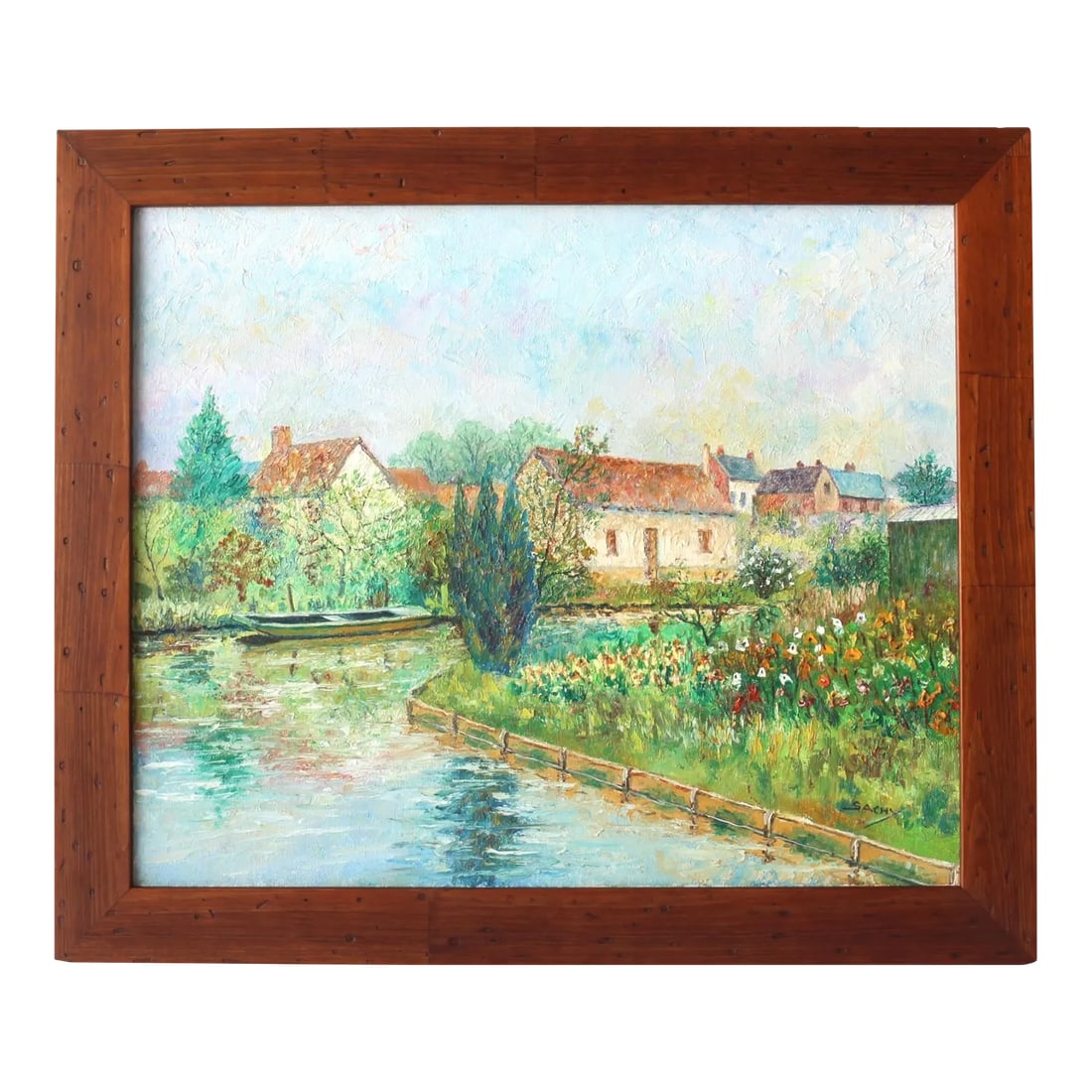 Midcentury French Countryside Still Life: Beautiful midcentury French still life featuring a serene countryside scene with vibrant flowers and a calm waterway. Newly custom framed in rich wood, the painting adds warmth and charm to any space.