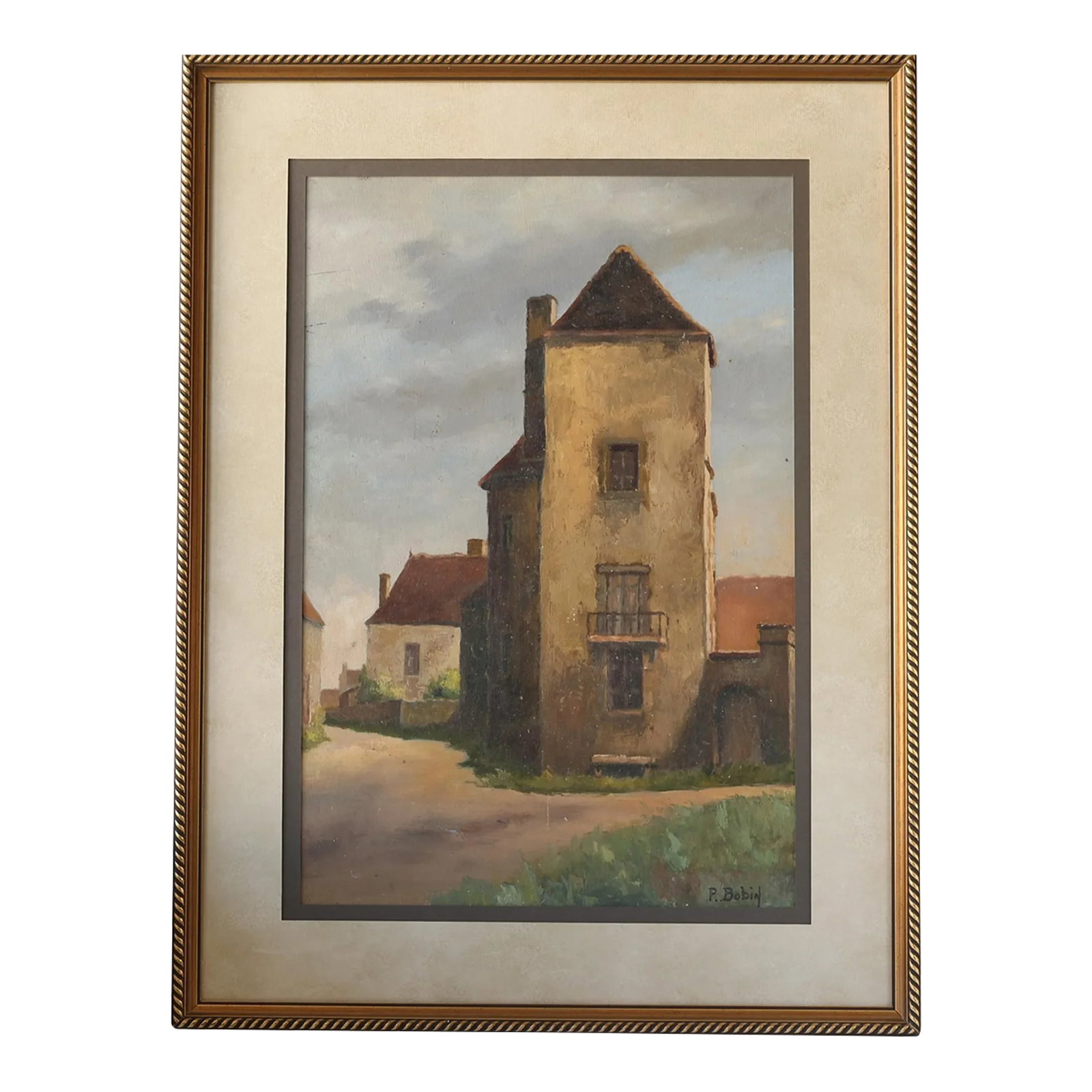 French Village Scene Painting: Captivating oil on board painting depicting a rustic French village scene with an imposing stone tower and charming homes bathed in soft light. The muted palette of earthy yellows, greens, and grays e