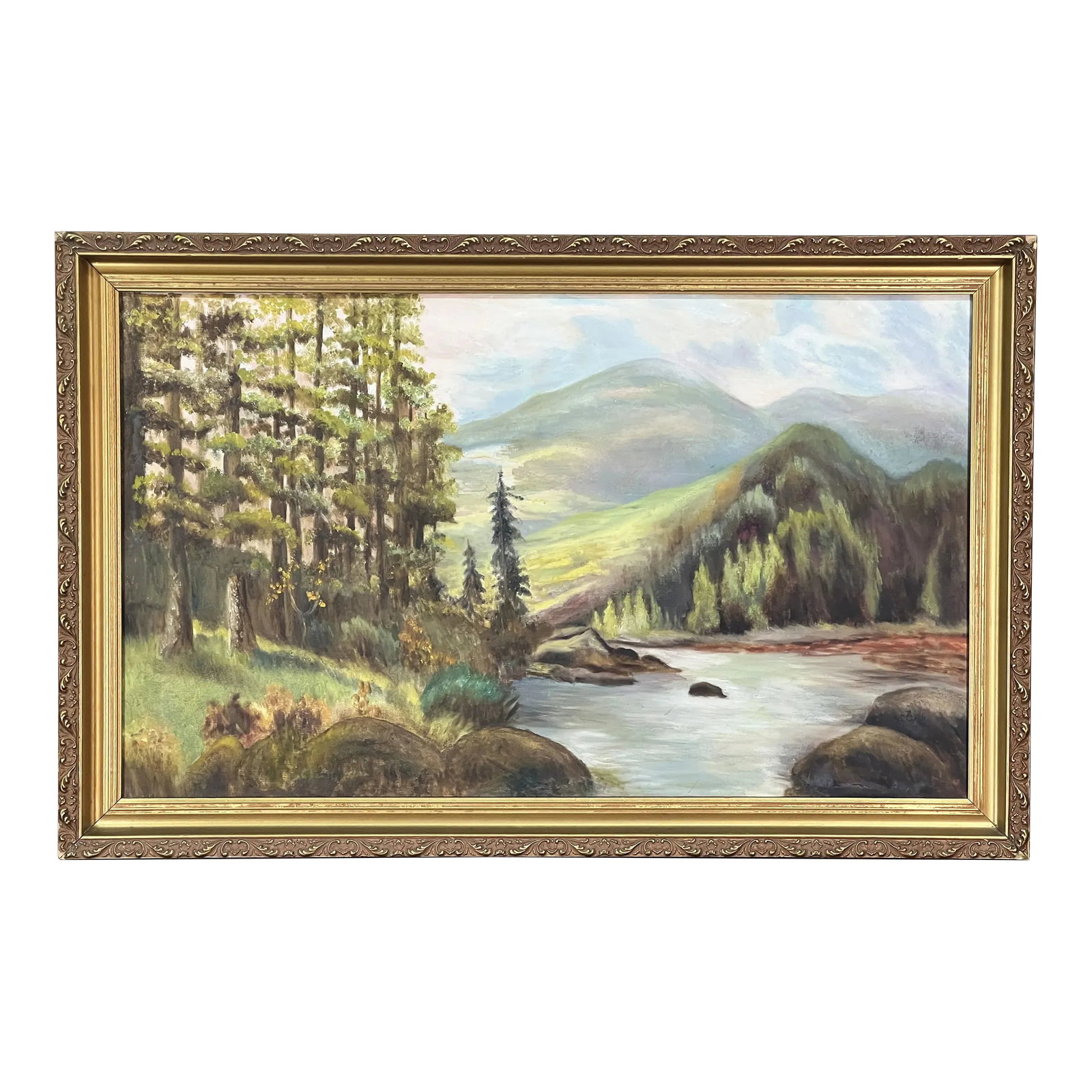 Vintage Oil on Canvas Wooded Landscape Painting Signed j.e. Clark: Fabulous vintage oil on canvas landscape of a lovely wooded scene with a river, likely first quarter of the 20th century. Great colors and brush control as you can see, really a lovely piece. Well