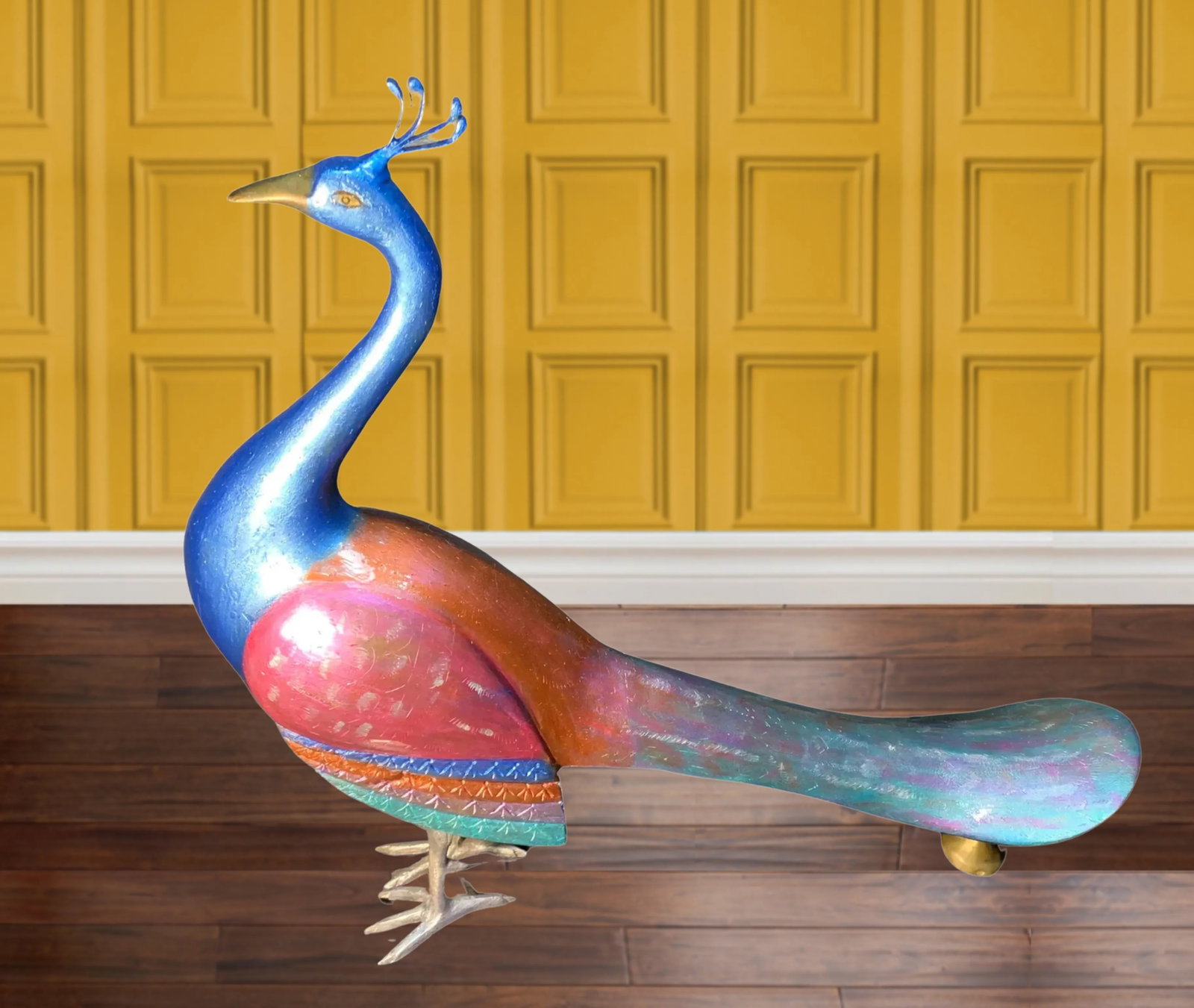 Mid-Century Brass Hand Painted Etched Peacock Sculpture - 10