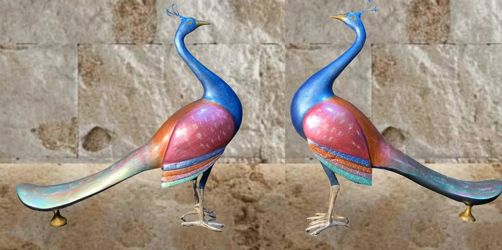 Mid-Century Brass Hand Painted Etched Peacock Sculpture - 11