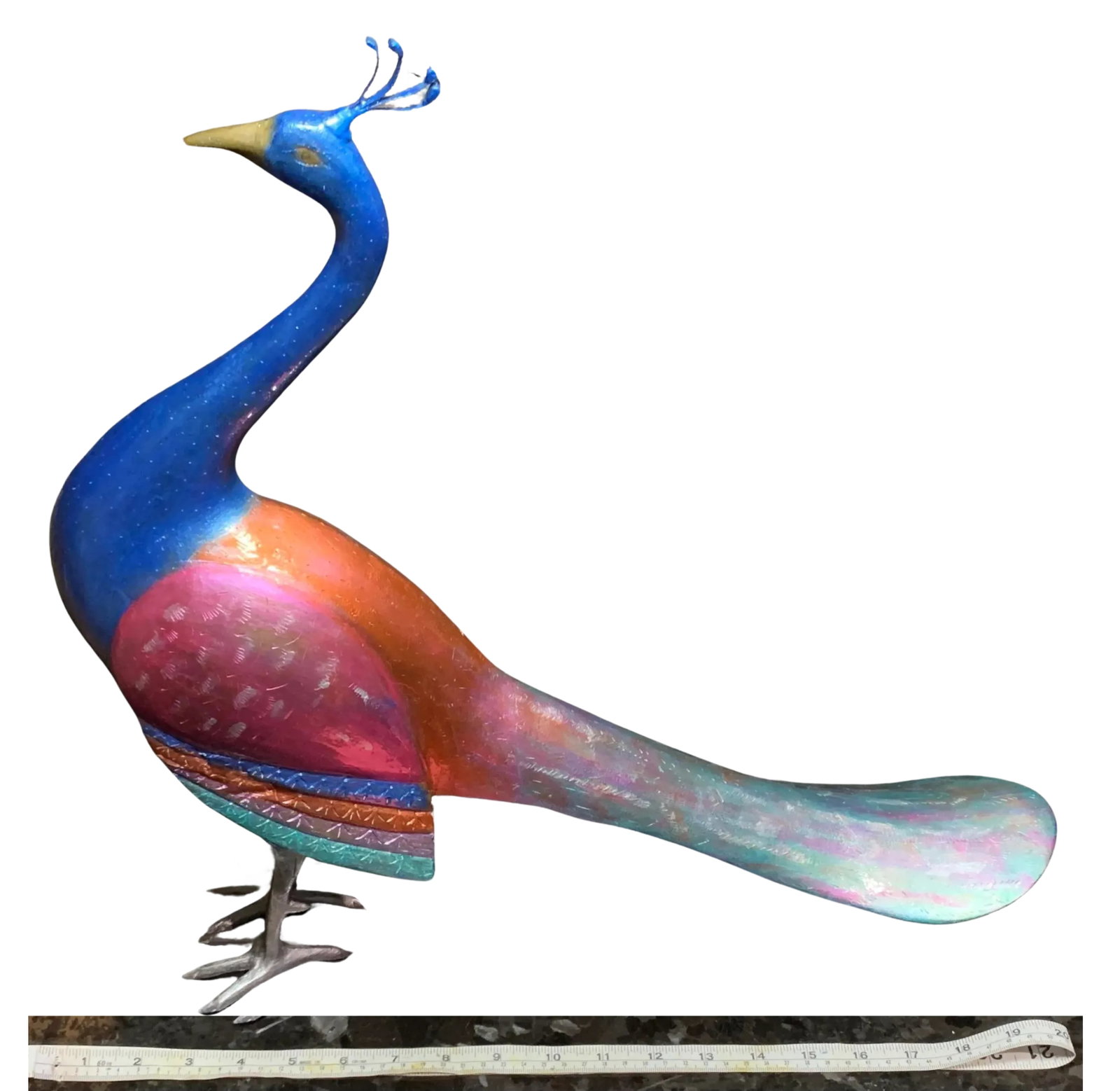Mid-Century Brass Hand Painted Etched Peacock Sculpture - 12