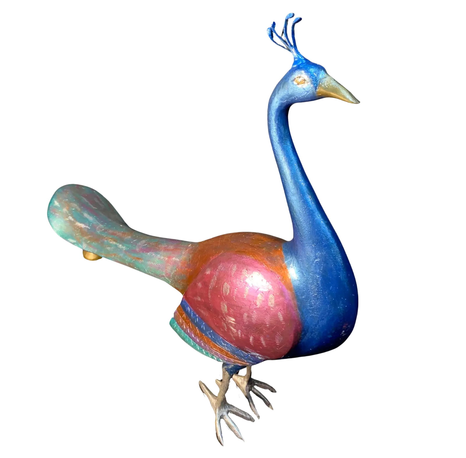 Mid-Century Brass Hand Painted Etched Peacock Sculpture - 2