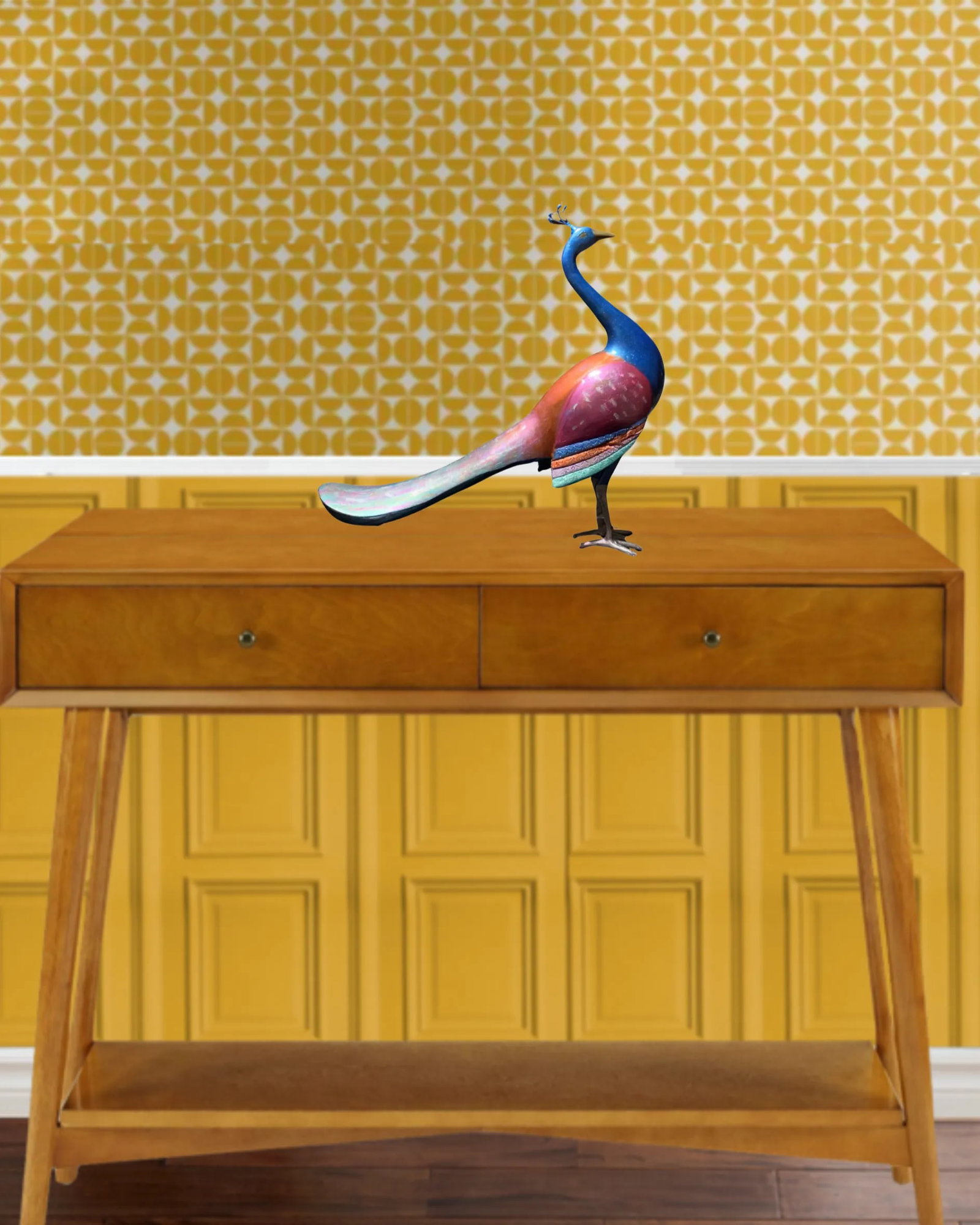 Mid-Century Brass Hand Painted Etched Peacock Sculpture - 5