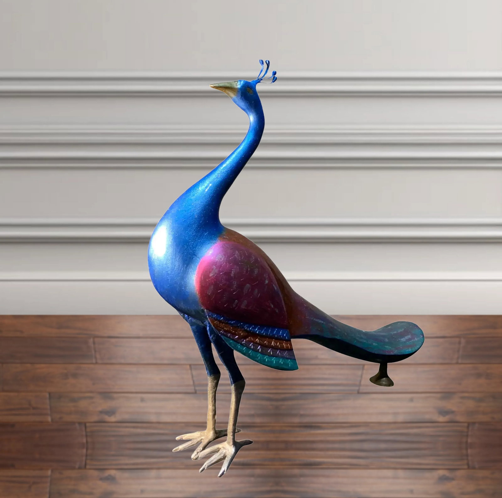 Mid-Century Brass Hand Painted Etched Peacock Sculpture - 7
