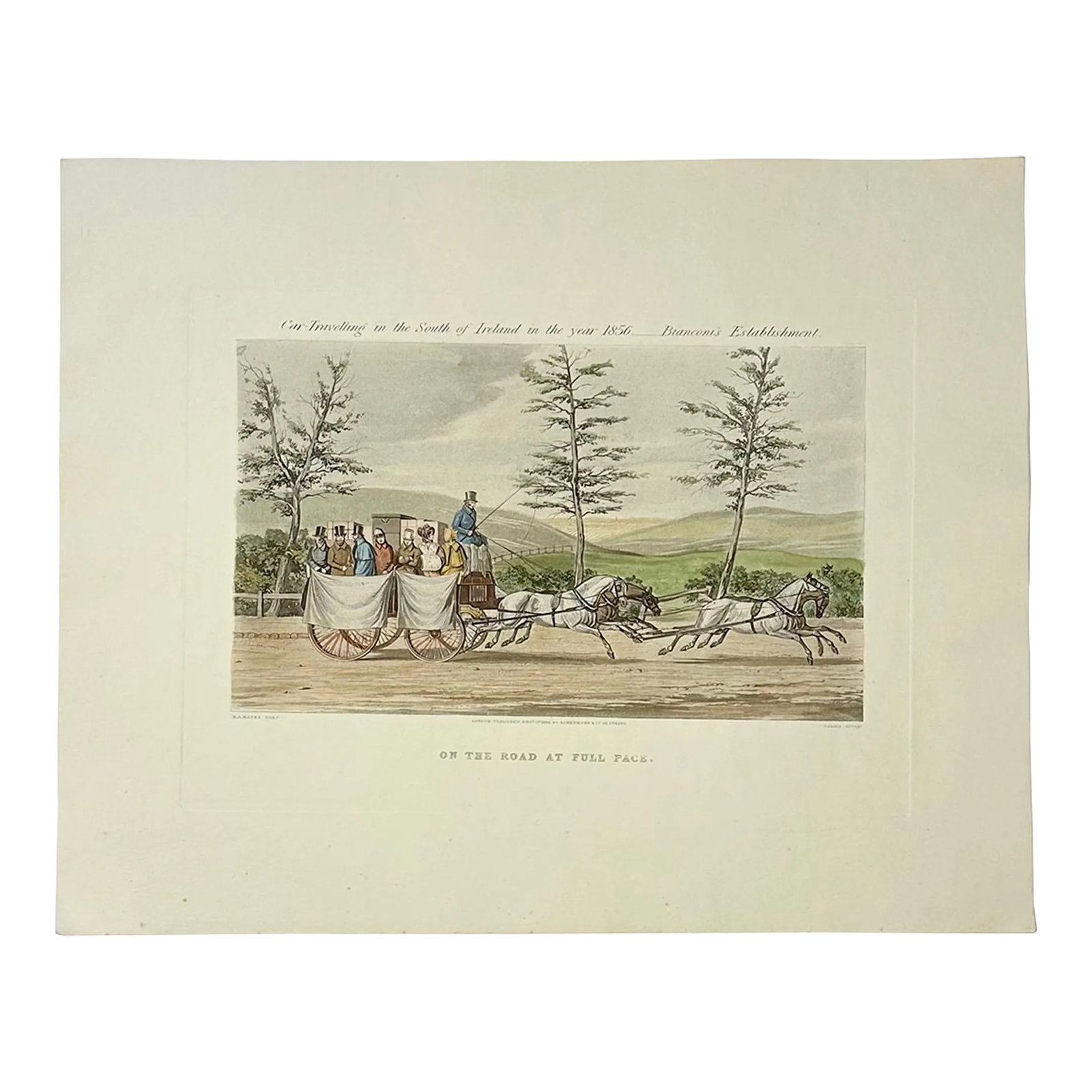 On the Road at Full Pace, Original Print, 1856, Unframed: Car traveling in the south of Ireland, 1856 Bianconi's Establishment. Aquatint on paper. Published by A. Hayes & drawn by J. Harris, Ackerman & Co., Strand Street, London. Dimensions: 19 x 14.5" Condi