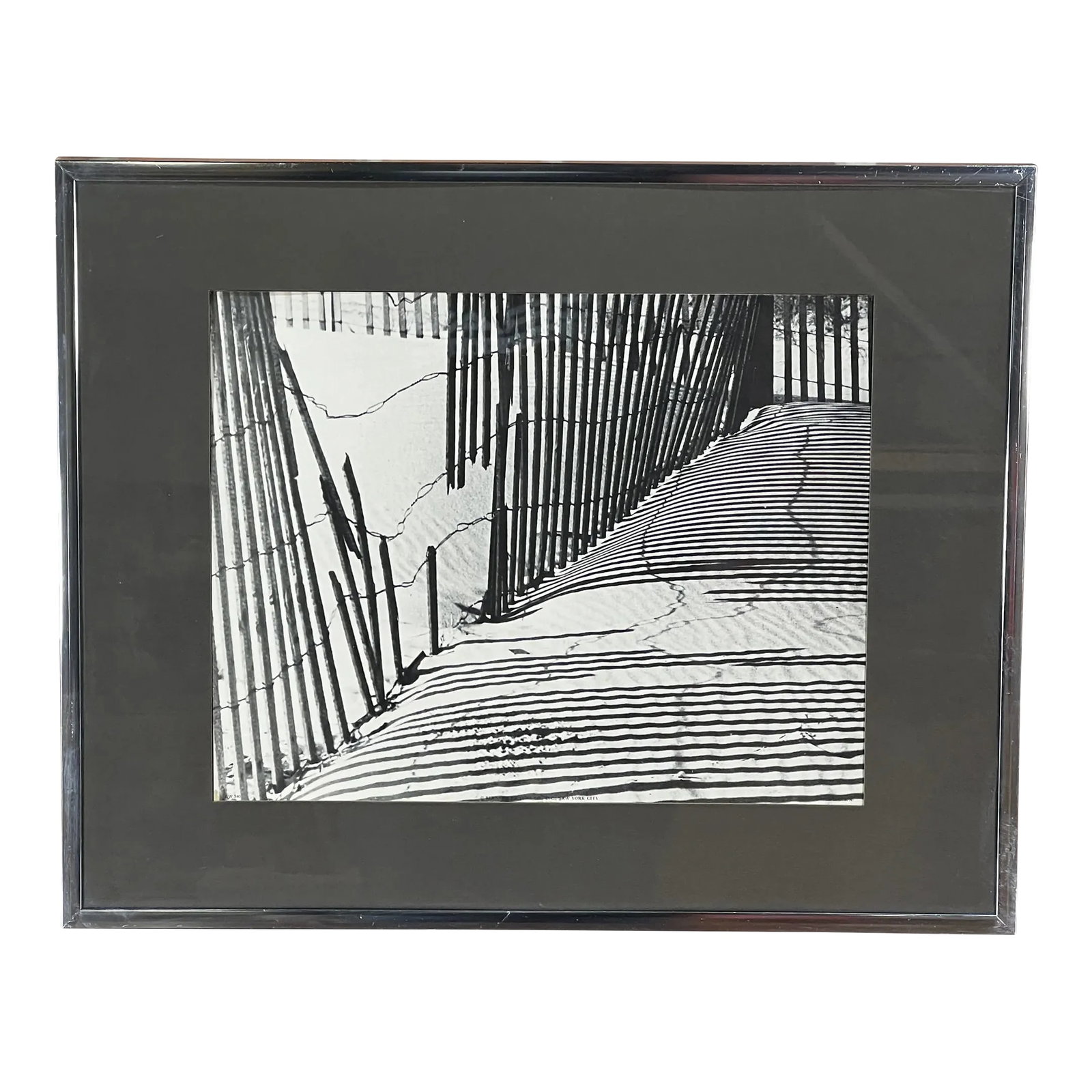 Vintage Framed Black & White Lithograph Print of a Beach Sand Dune Fence: Vintage c.1950's framed B&W lithograph print depicting a beach dune fence. Great depth, nicely framed, would look great in a beach cottage! It measures 20 1/2" wide by 16 1/2" tall, with a sight size