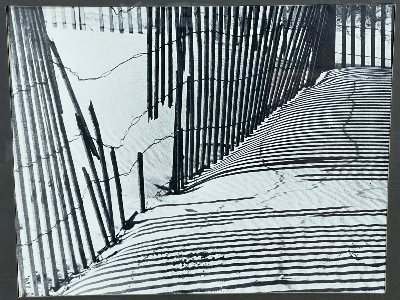 Vintage Framed Black & White Lithograph Print of a Beach Sand Dune Fence - 2