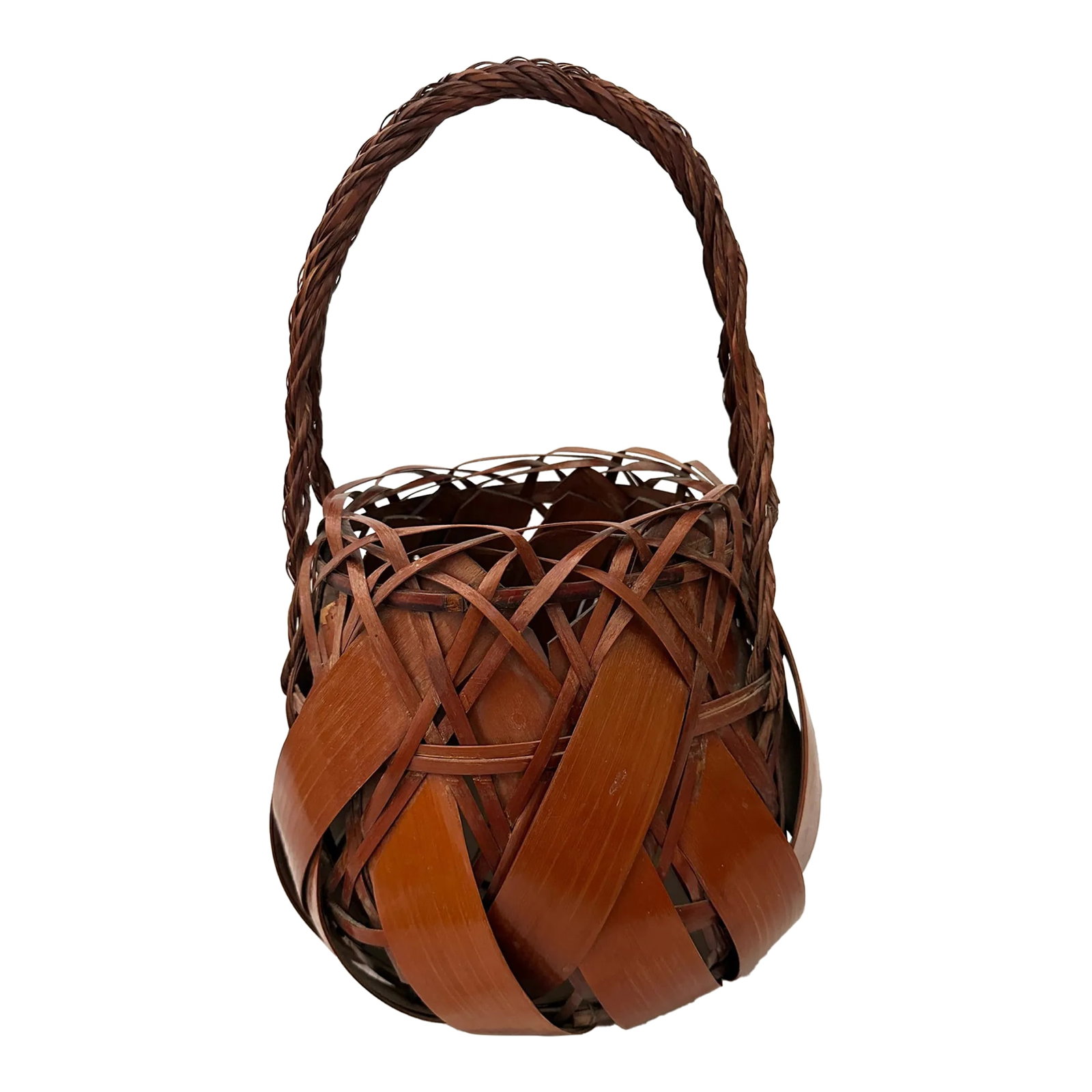 Antique Japanese Woven Bamboo Ikebana Basket: Antique Japanese Woven Bamboo Ikebana Basket, woven bamboo with large strips interwoven with more intricate thinner strips. Twisted handle, and bottom trim. Ikebana-arranging flowers /making flowers