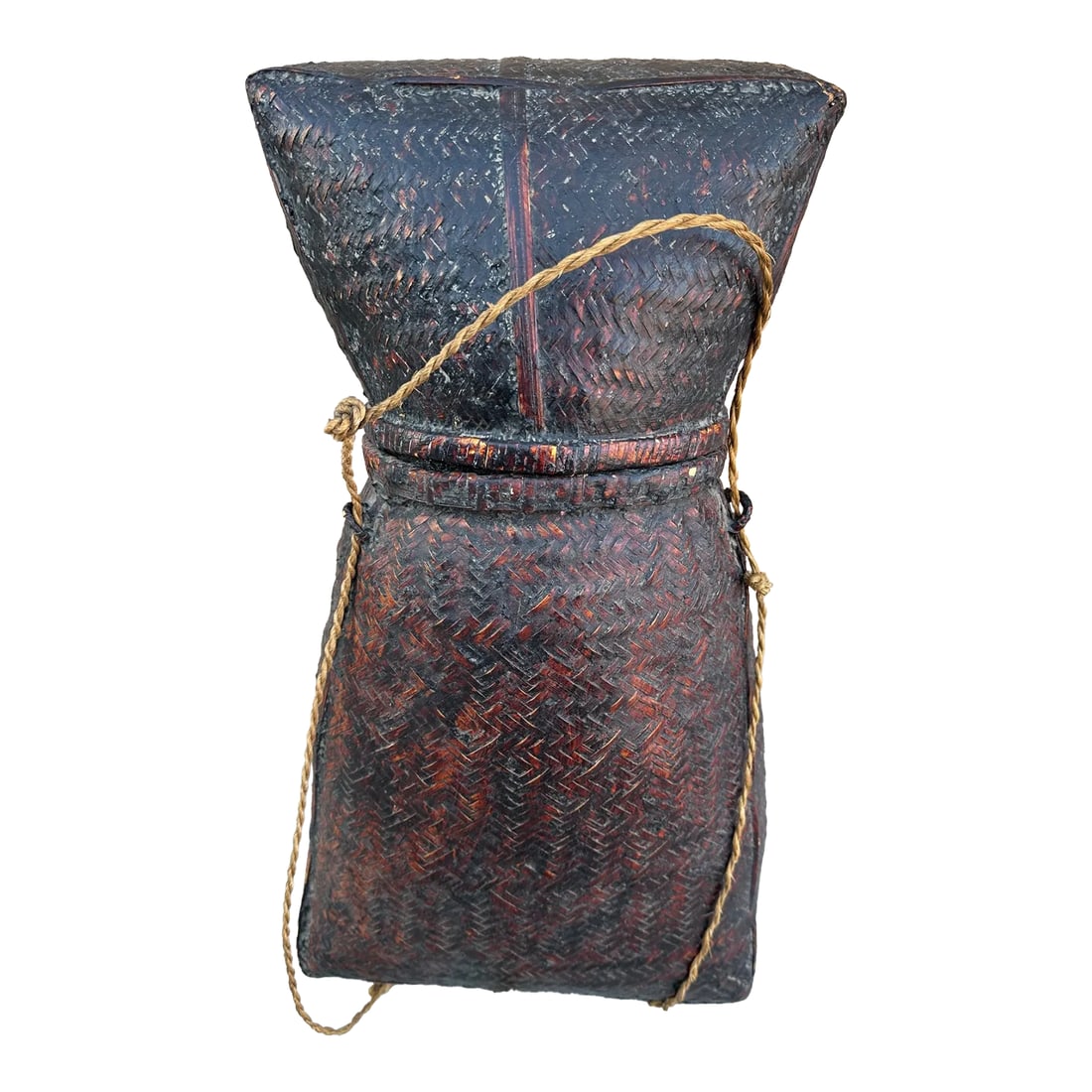 Antique Lacquered Karen Tribe Basket: Antique Handwoven storage basket woven by the native people from the Akha tribe in Thailand. Basket shows a lovely aged patina and wear from daily use to store textiles or household goods. 20.5in h x