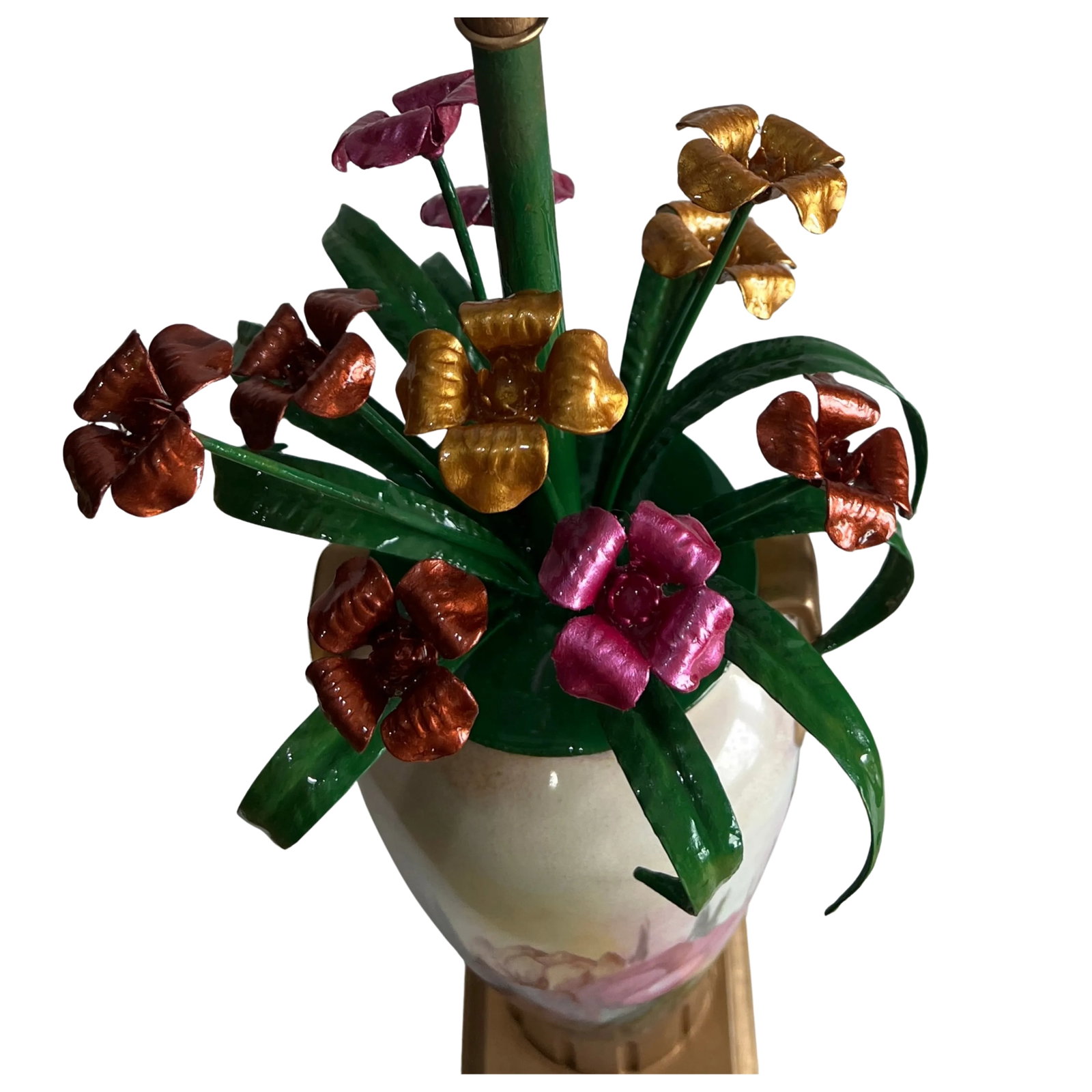 Mid-Century Florentine Tole Lillies and Porcelain Hand Painted Tulips Table Lamp - 2