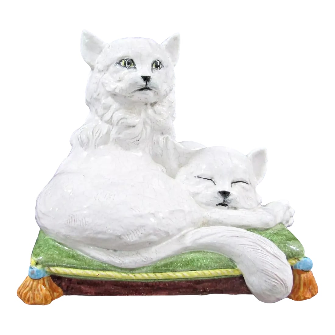 Huge Vintage Sculpture Italian Terra Cotta Two Cats on a Pillow: Huge Vintage Sculpture Italian Terra Cotta Two Cats on a Pillow 19"x14"x17" Palm Beach Regency style glazed terracotta sculpture in a crackle glaze featuring two life-size white cats resting