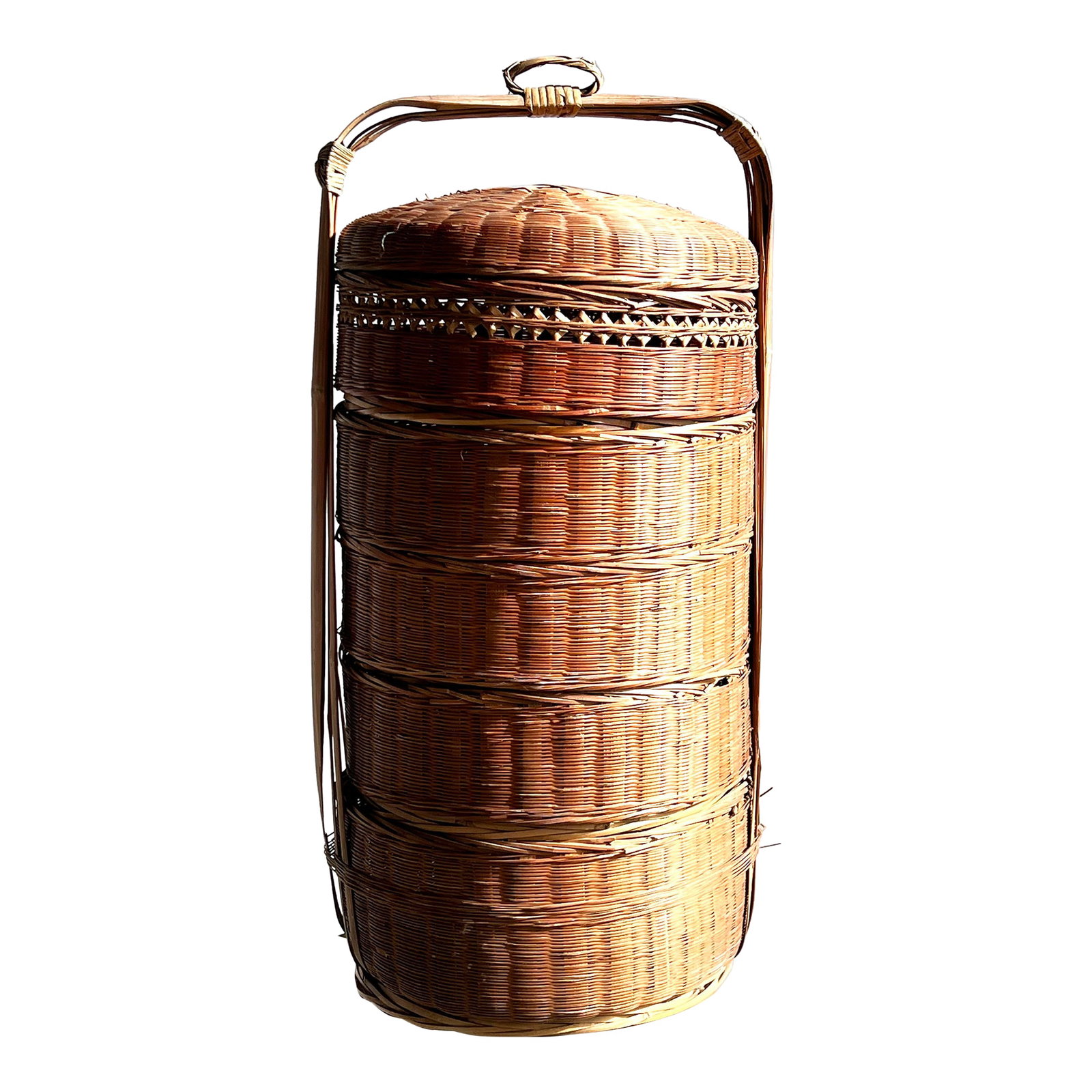 Vintage Chinese Bamboo & Wicker 5 Tier Stacking Wedding Basket: Fabulous vintage early 20th century Chinese bamboo & wicker stacking wedding basket! This is a lovely piece of functional decor, standing an impressive 29" in height. It measures 29" tall, 14" wide