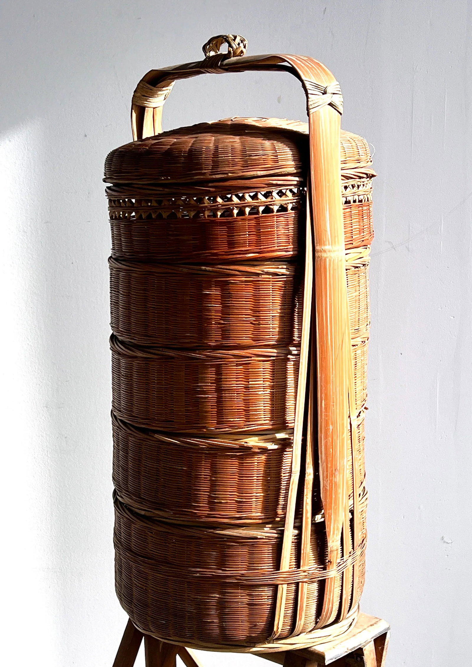 Vintage Chinese Bamboo & Wicker 5 Tier Stacking Wedding Basket - 2