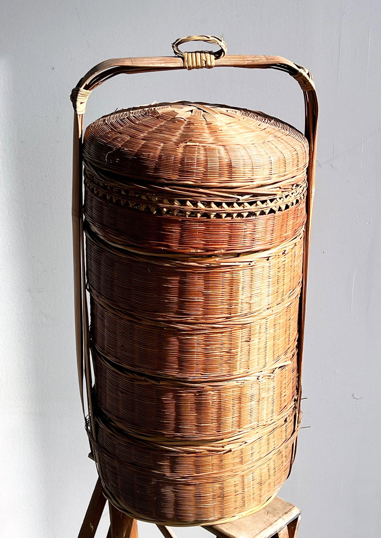 Vintage Chinese Bamboo & Wicker 5 Tier Stacking Wedding Basket - 3