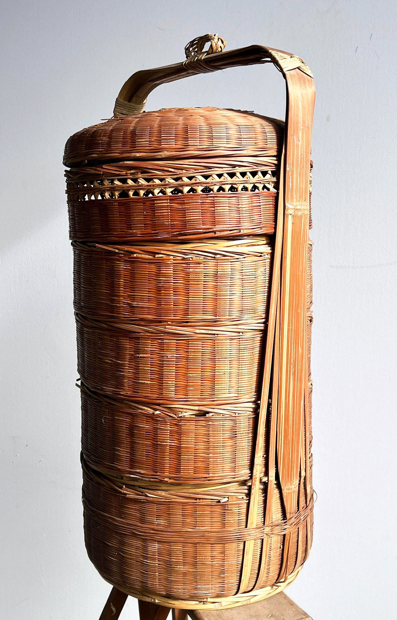 Vintage Chinese Bamboo & Wicker 5 Tier Stacking Wedding Basket - 6