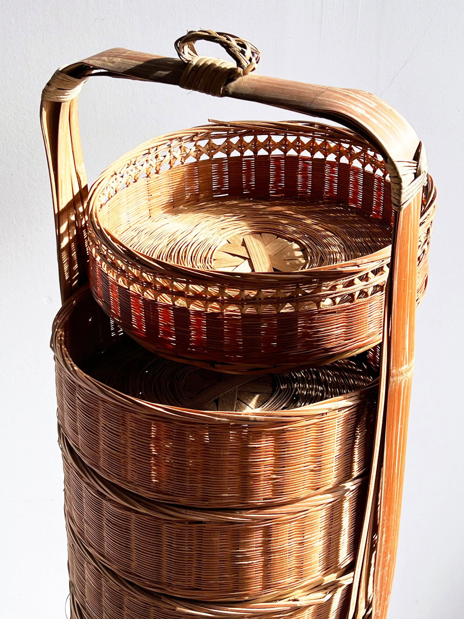 Vintage Chinese Bamboo & Wicker 5 Tier Stacking Wedding Basket - 9