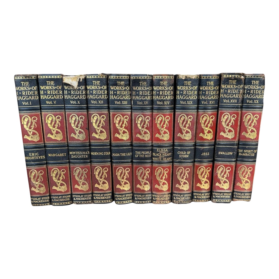 Antique Hardcover Books-Set of 11 the Works of H Rider Haggard: Antique volumes -Set of 11-copyright dates span from 1899- 1916 with original edition 1891-1894. Publisher: McKinlay, Stone & Mackenzie. New York Haggard's works were continue to be enjoyed by