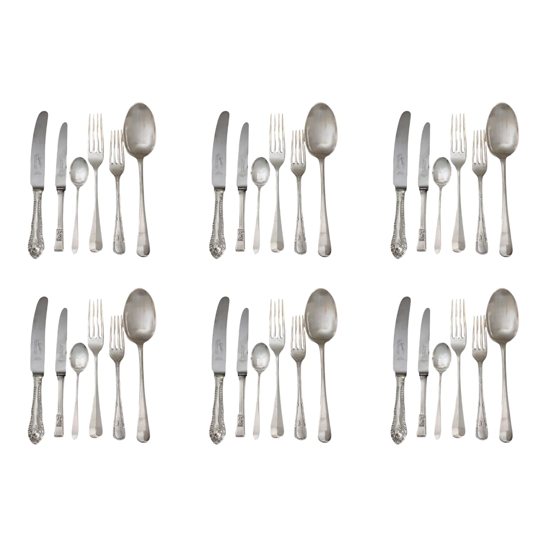 Antique Mixed Pattern Oversized English Flatware W/ Service for 6: This beautifully curated set of antique mixed flatware offers service for six, each place setting showcases unique patterns, reflecting the intricate designs from various eras. This collection is perf
