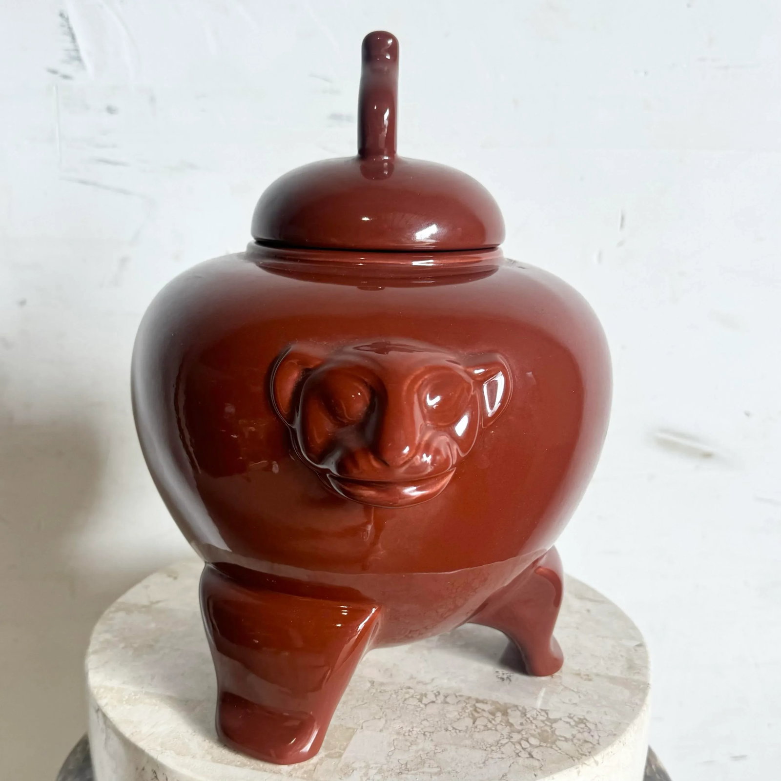 Vintage Oxblood Red Panther Face Ginger Jar by Jaru - 4