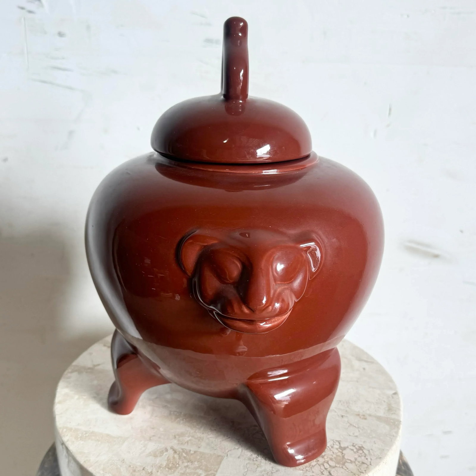 Vintage Oxblood Red Panther Face Ginger Jar by Jaru - 6
