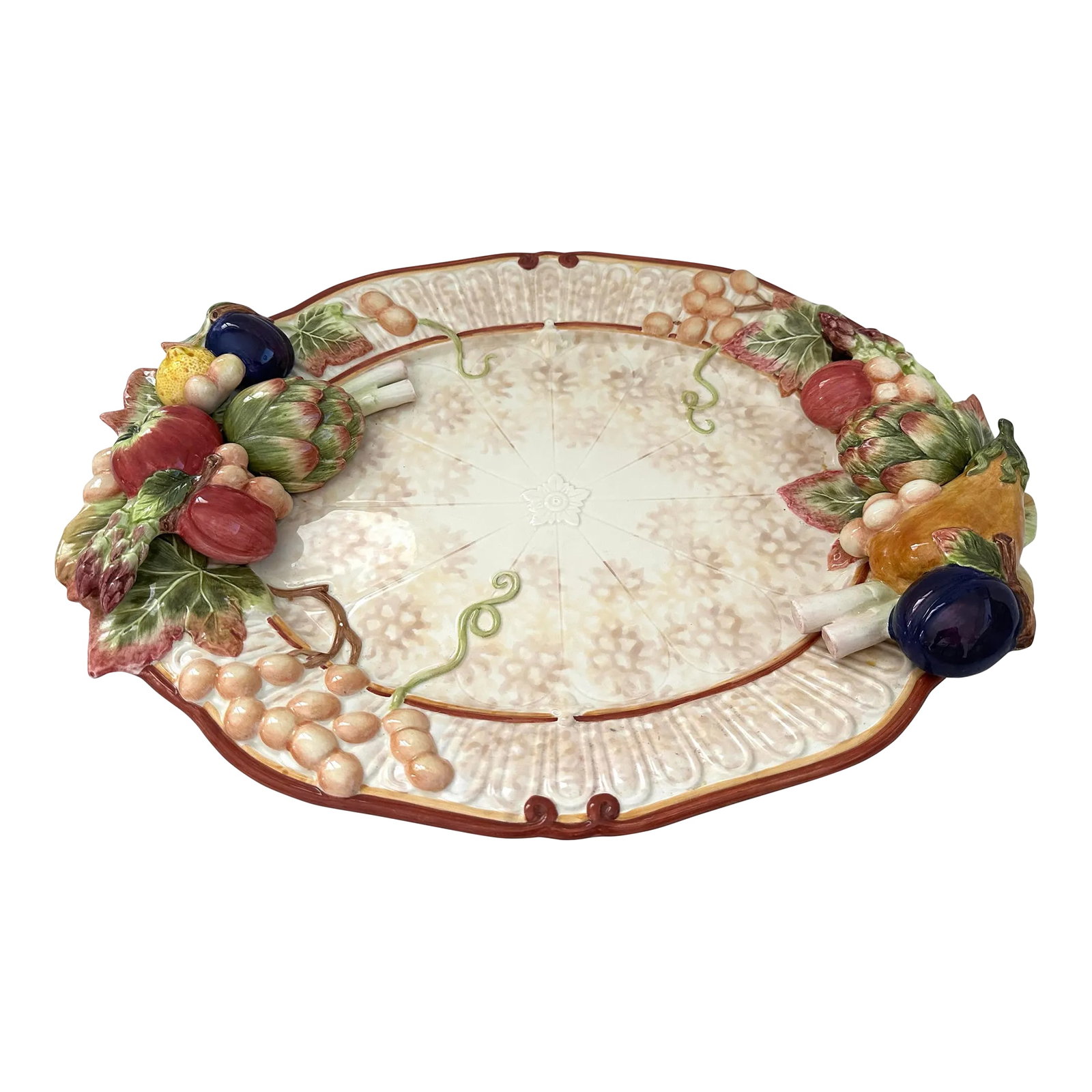 Fitz & Floyd Classics "Venetian Romance" Platter: Fitz & Floyd Classics "Venetian Romance" Platter. Fruits, leaves through out with harvest colors. Perfect for the Holidays. 2002-2003 19in w x 14.5in d x 2.5in h Make sure to follow me, I have flash