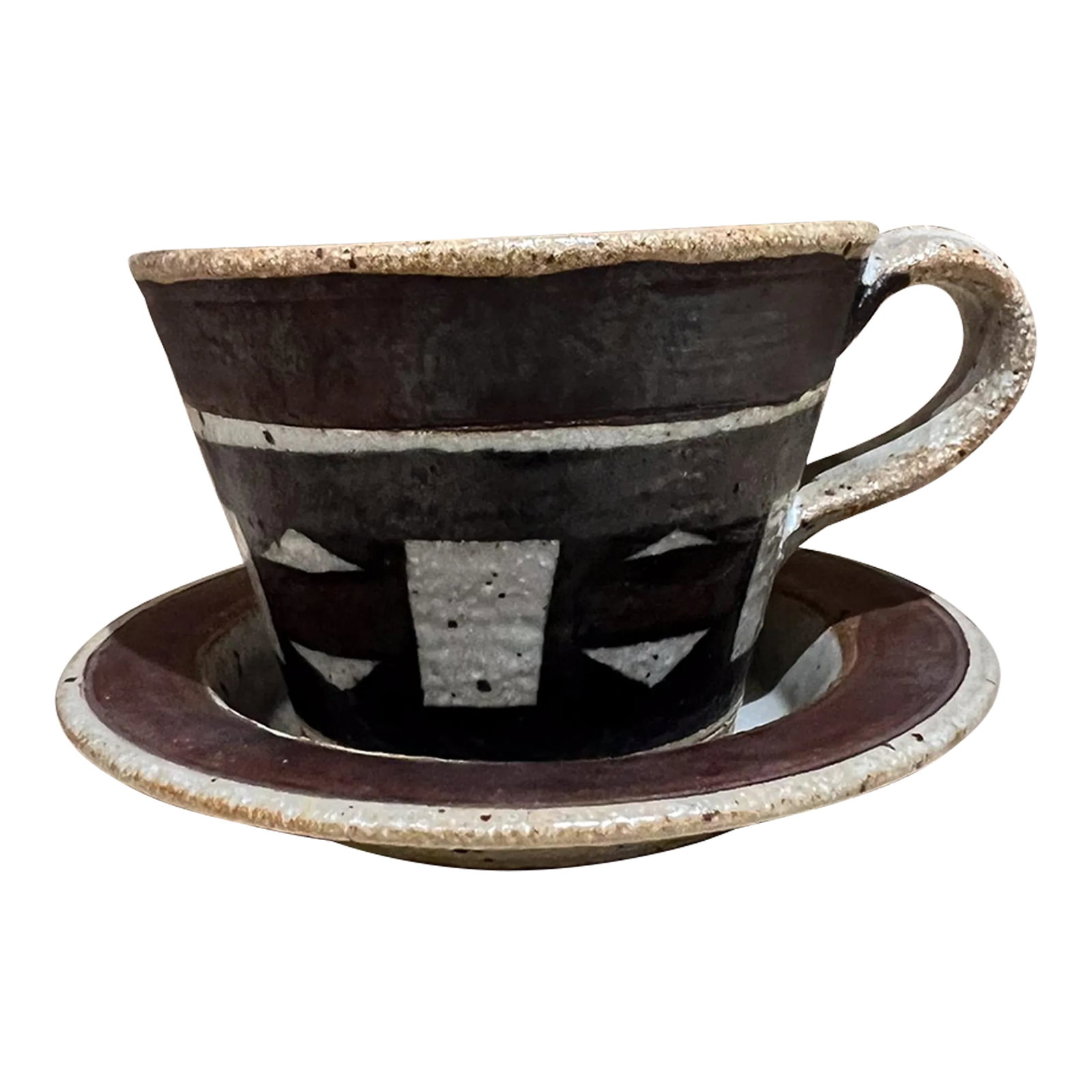 1970s Studio Art Pottery Coffee Cup and Saucer Stoneware: For your consideration, Modernist Coffee Cup + Saucer Stoneware Art Pottery signed Cup . Dimensions: Cup: 3" H x 4.25" W x 5" D Plate: .75" H x 5.25" diameter Please take a look at our listings. We ha