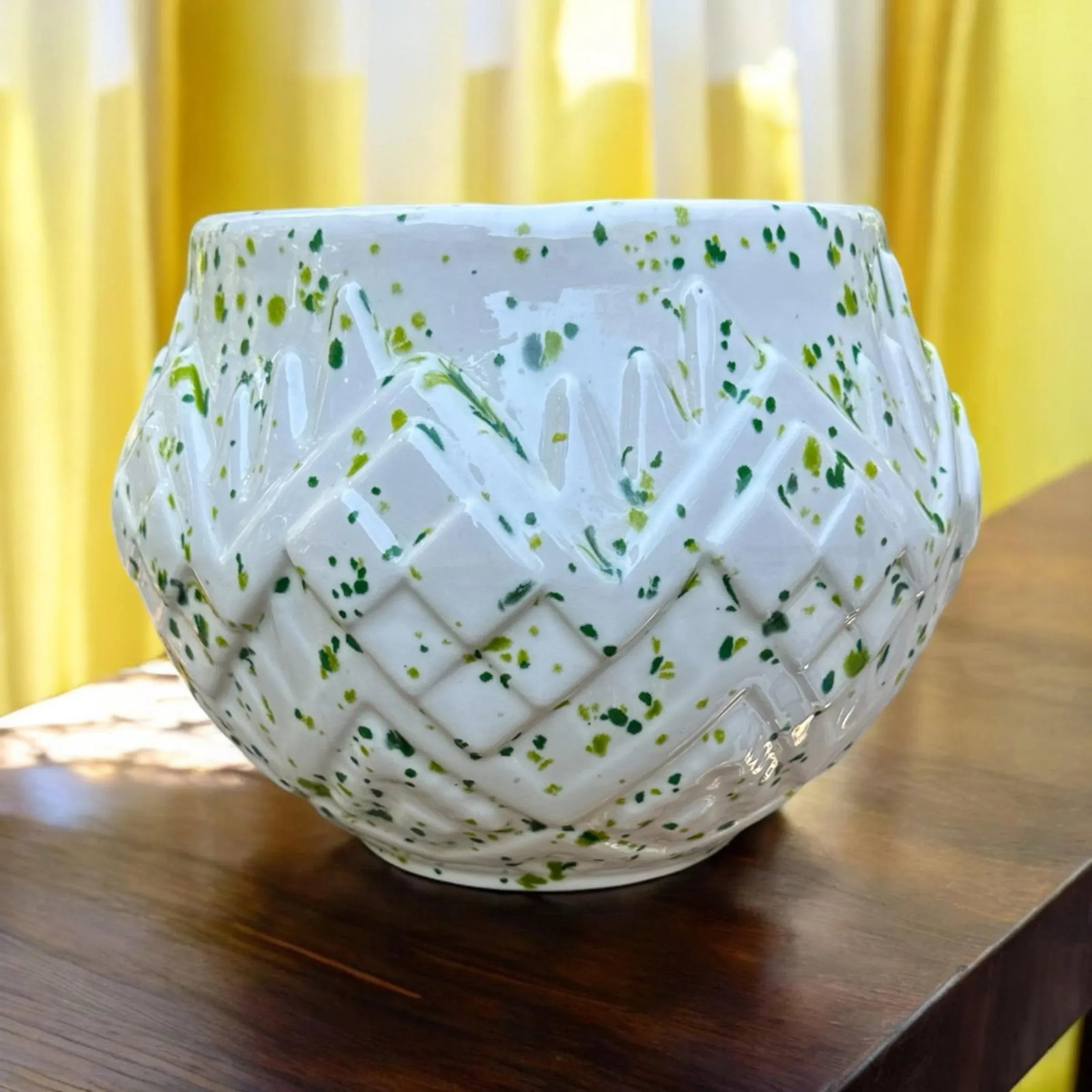 1970s Green Splatter-Ware Geometric White Planter Vase - 12
