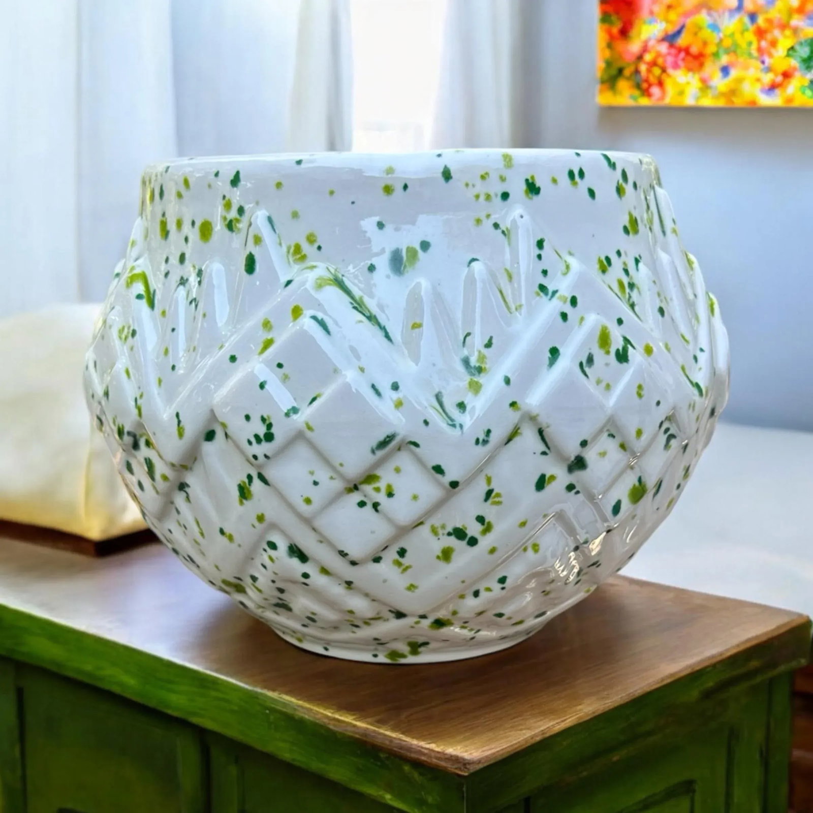 1970s Green Splatter-Ware Geometric White Planter Vase - 2