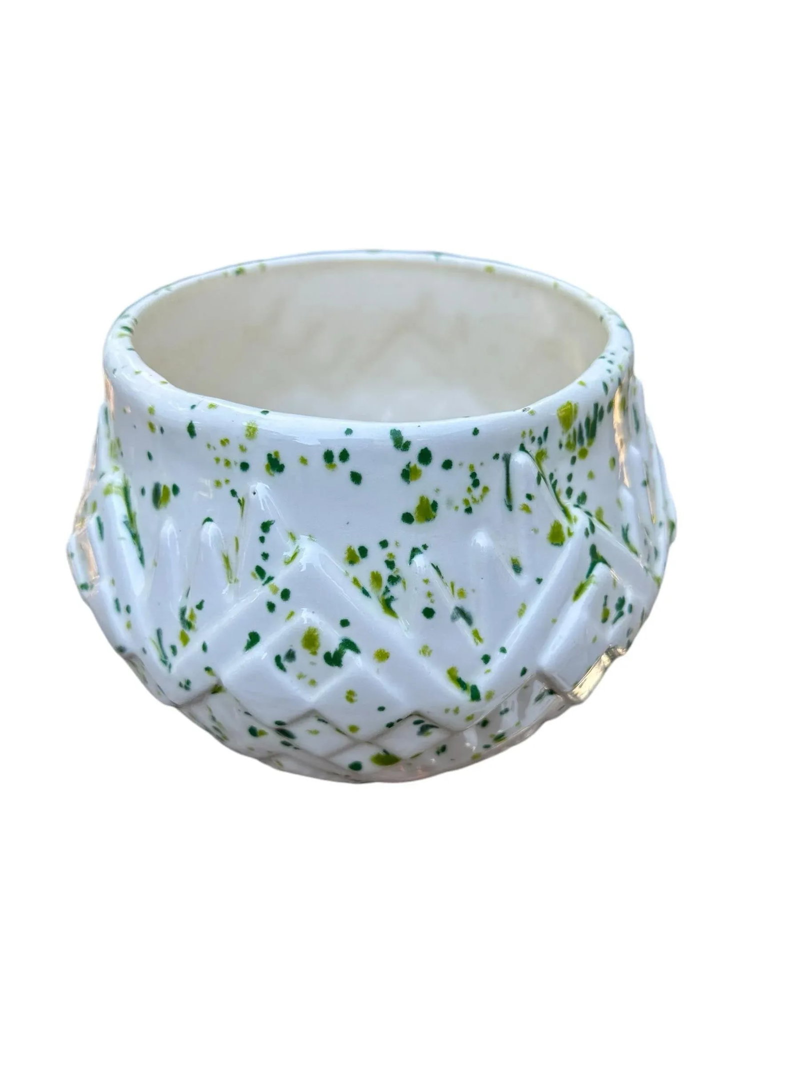 1970s Green Splatter-Ware Geometric White Planter Vase - 3